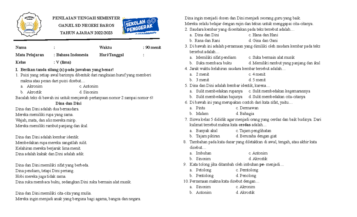 Soal PTS B - Soal PTS B - PENILAIAN TENGAH SEMESTER GANJIL SD NEGERI ...