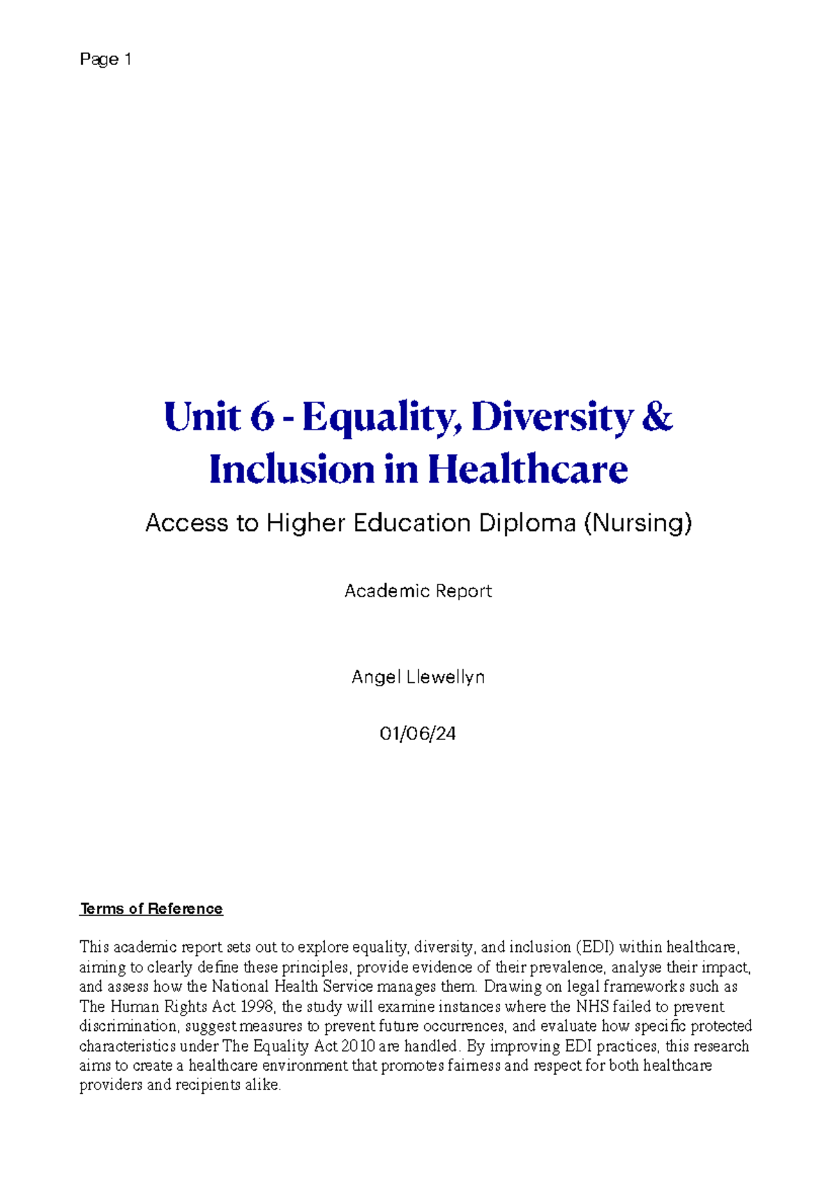 Assignment 6 - Final Draft - Unit 6 - Equality, Diversity & Inclusion ...