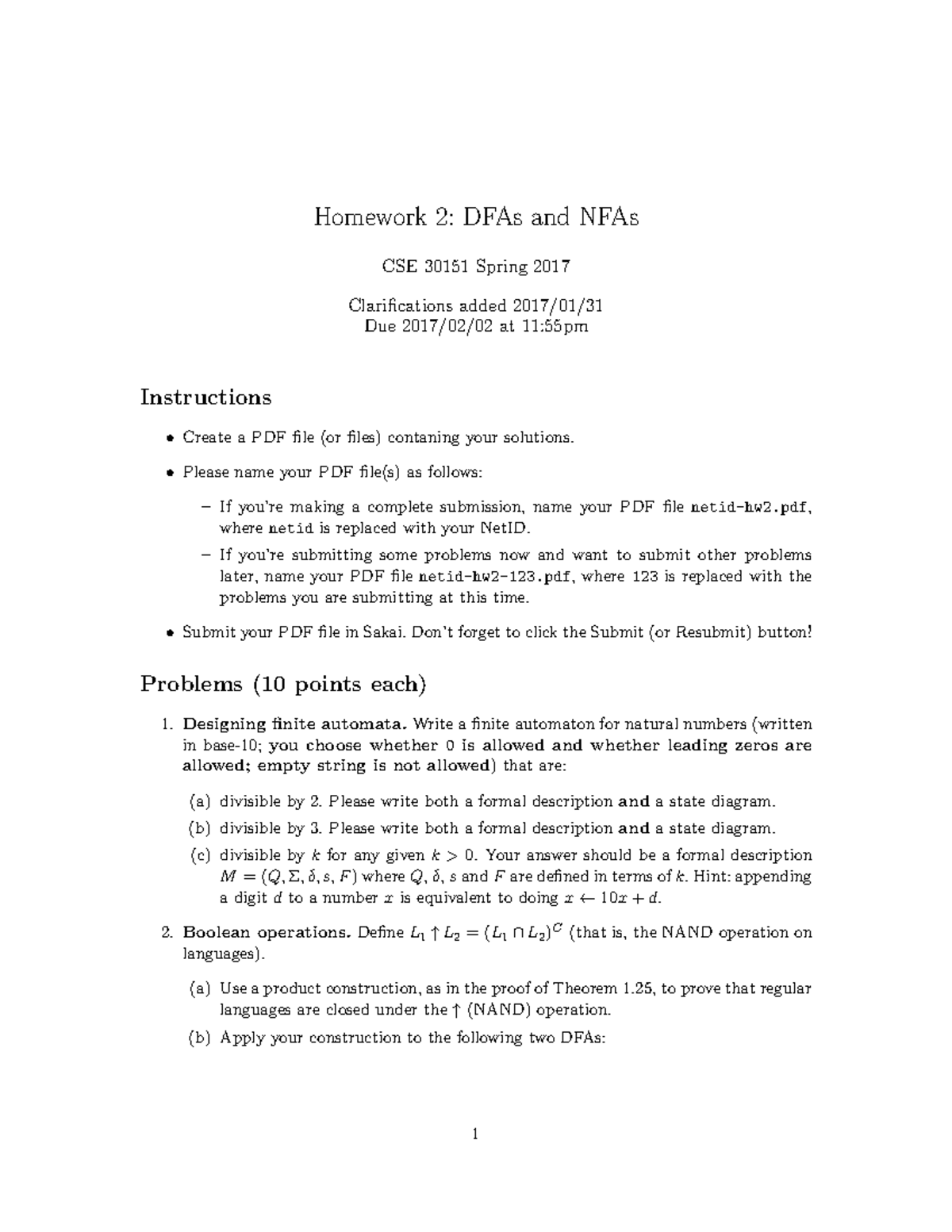 Hw2 - Theory of Computing - Homework 2: DFAs and NFAs CSE 30151 Spring ...