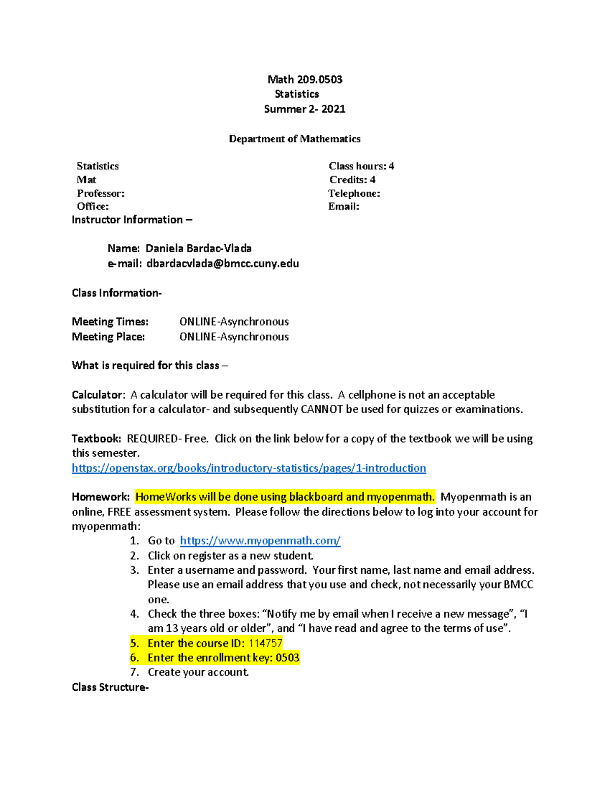 MAT 209 Stats Syllabus BMCC - Math 209. Statistics Summer 2- 2021 ...