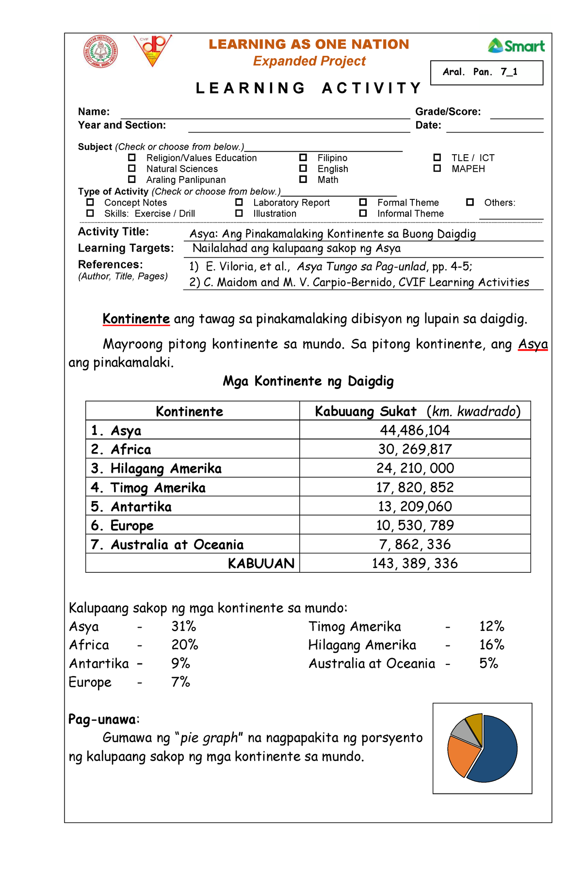 Aral Pan 7 LAS 1 Asya - learning activity sheet - LEARNING AS ONE