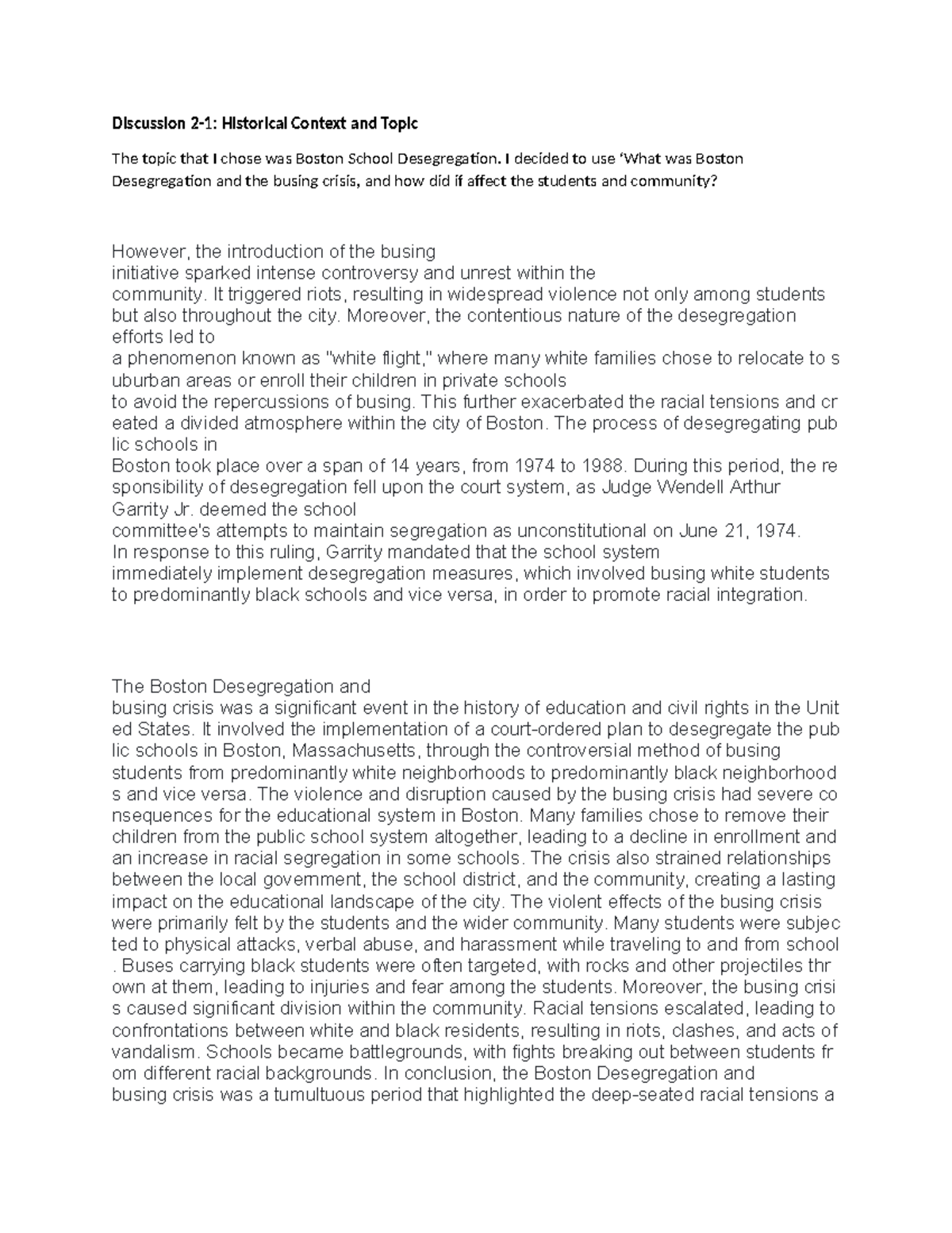 Discussion 2 - HIS 200 - Discussion 2-1: Historical Context and Topic ...