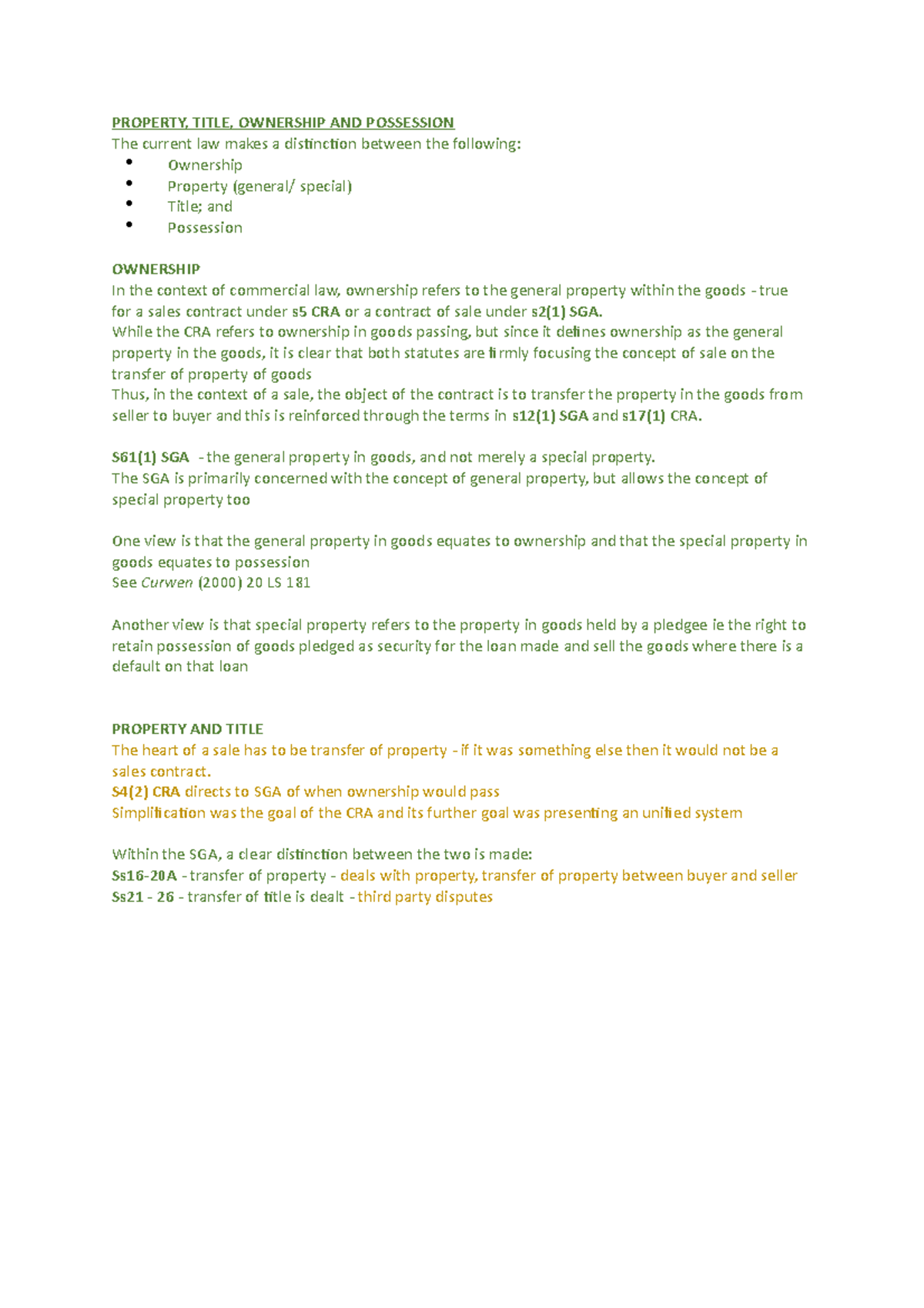 Passing of property and transfer of title notes - PROPERTY, TITLE ...