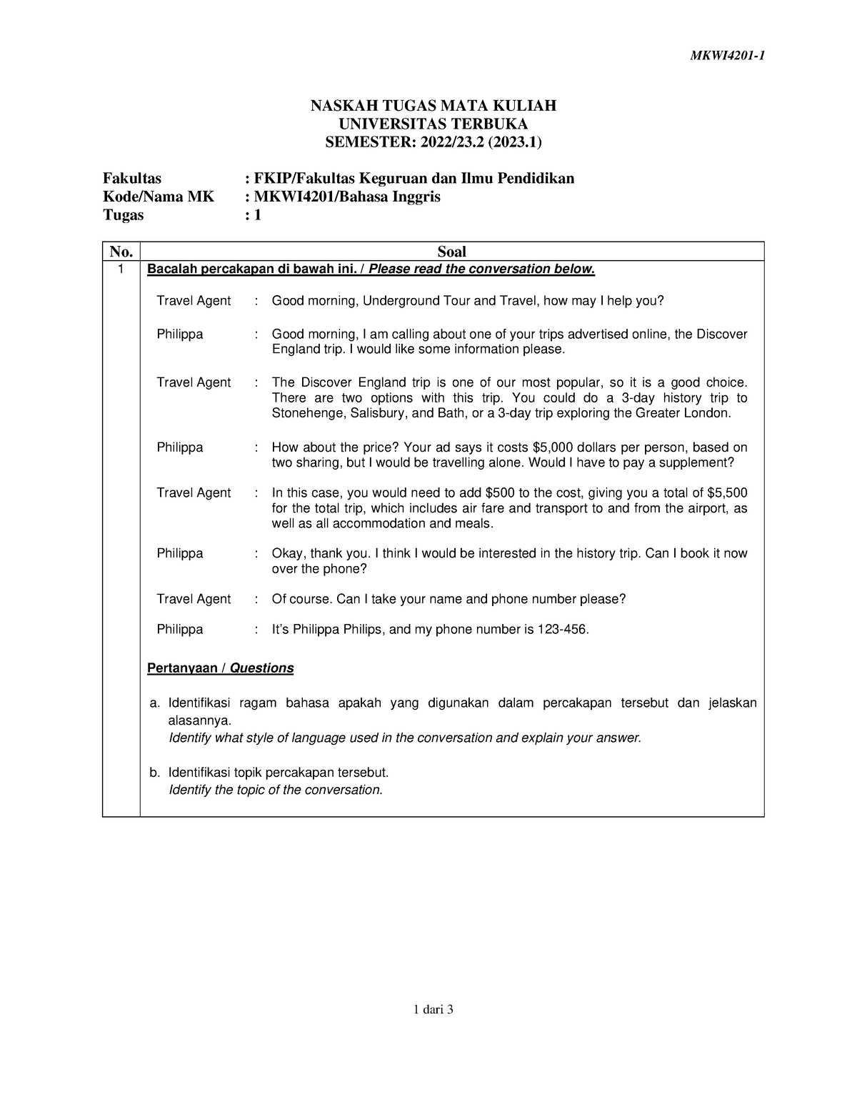 Soal Mkwi4201 Tmk1 1 - MKWI4201- 1 Dari 3 NASKAH TUGAS MATA KULIAH ...