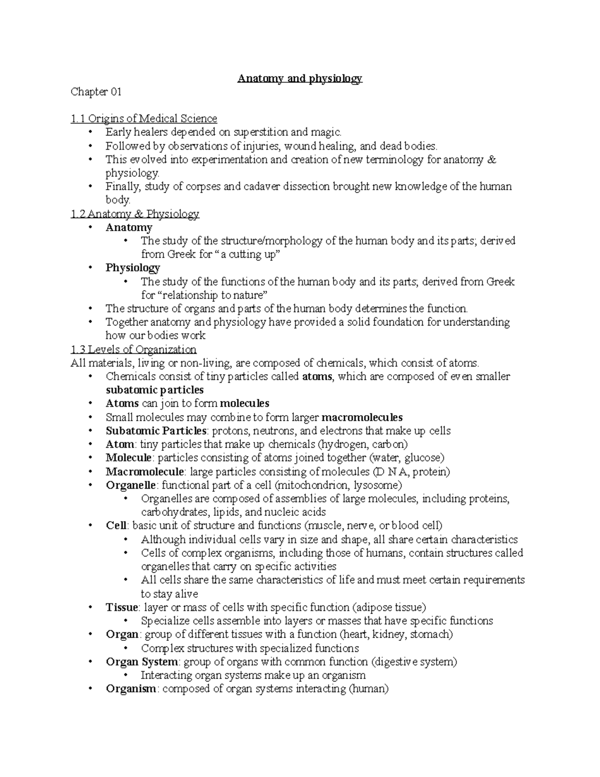 Chapter 01 outline - NOTES - Anatomy and physiology Chapter 01 1 ...