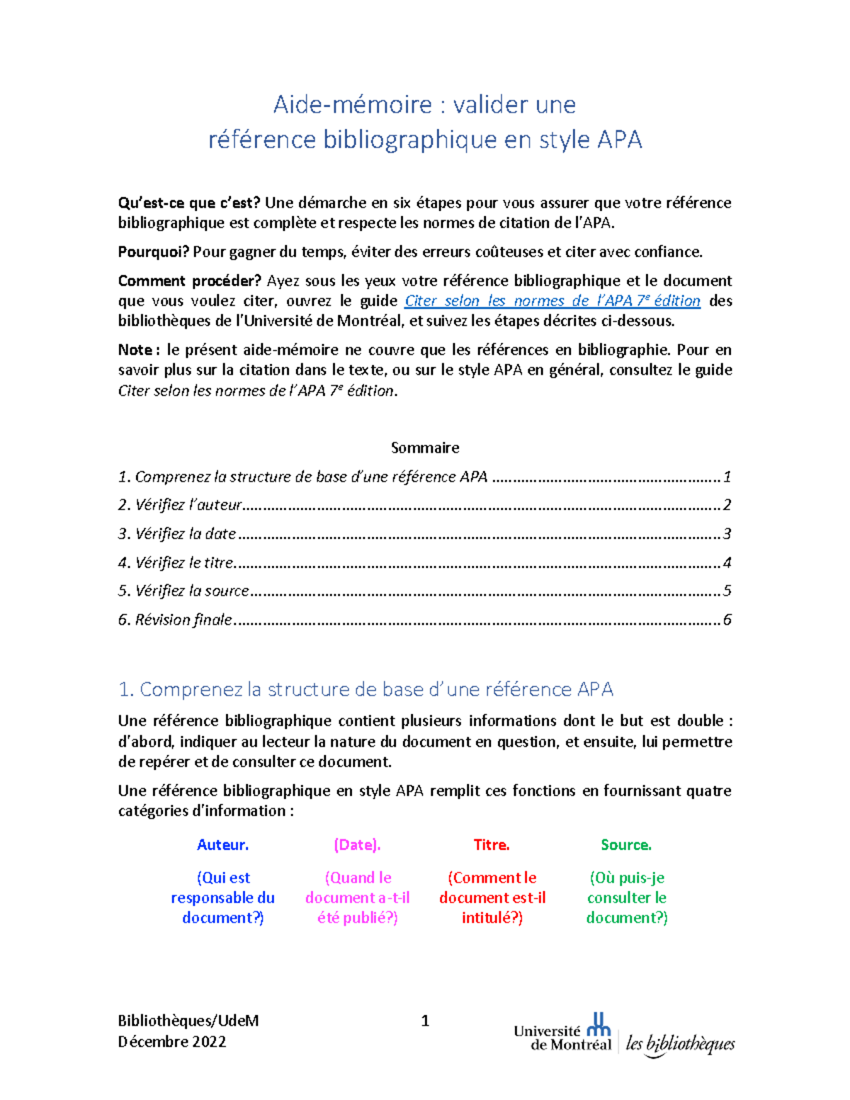 Aide Mémoire Normes APA - Bibliothèques/UdeM 1 Aide-mémoire : valider ...