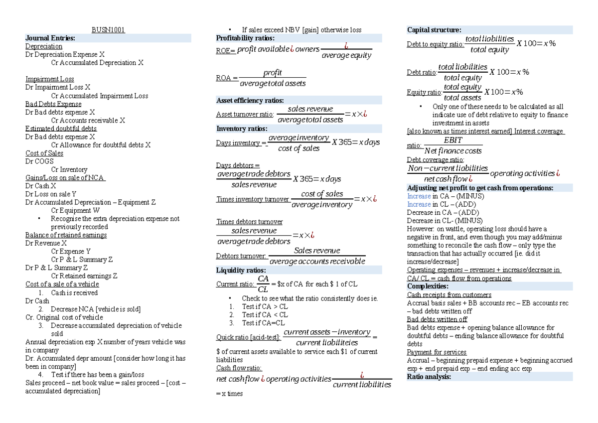 BUSN1001 Formula Cheat Sheet 1 - BUSN Journal Entries: Depreciation Dr ...