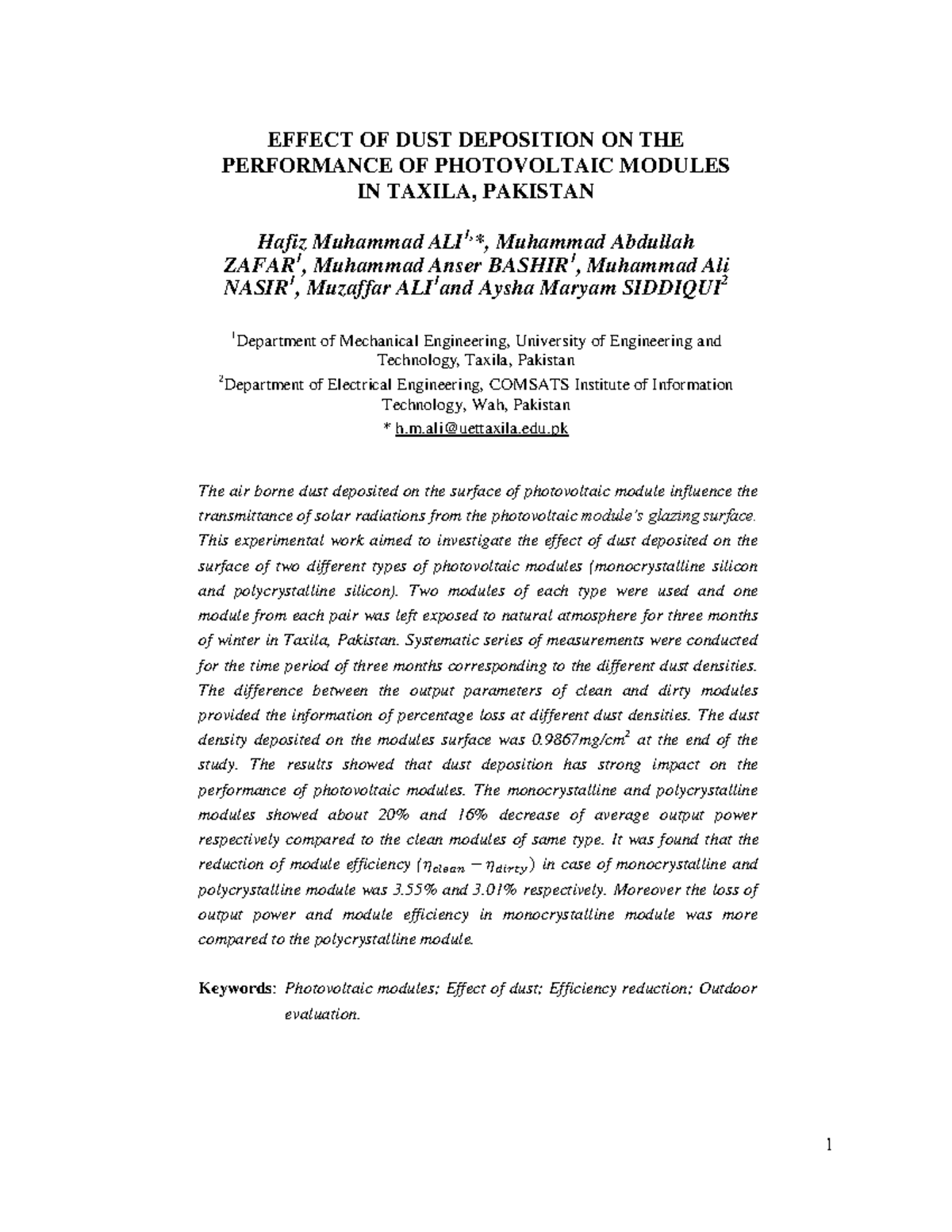 Effect OF DUST Deposition ON THE Perform - EFFECT OF DUST DEPOSITION ON ...