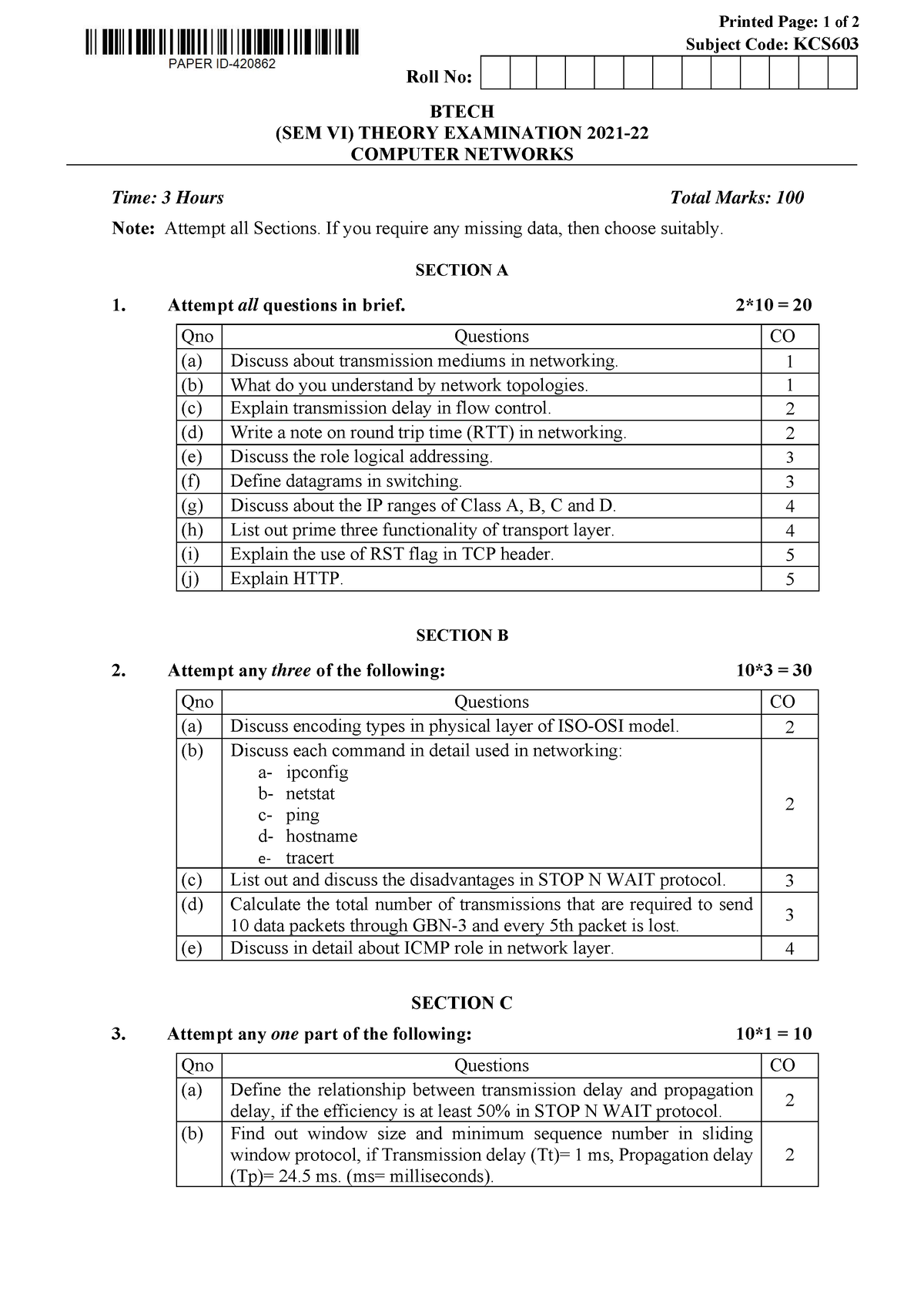 Cn Aktu 21-22 Question Paper - Printed Page: 1 Of 2 Subject Code: Kcs 0 