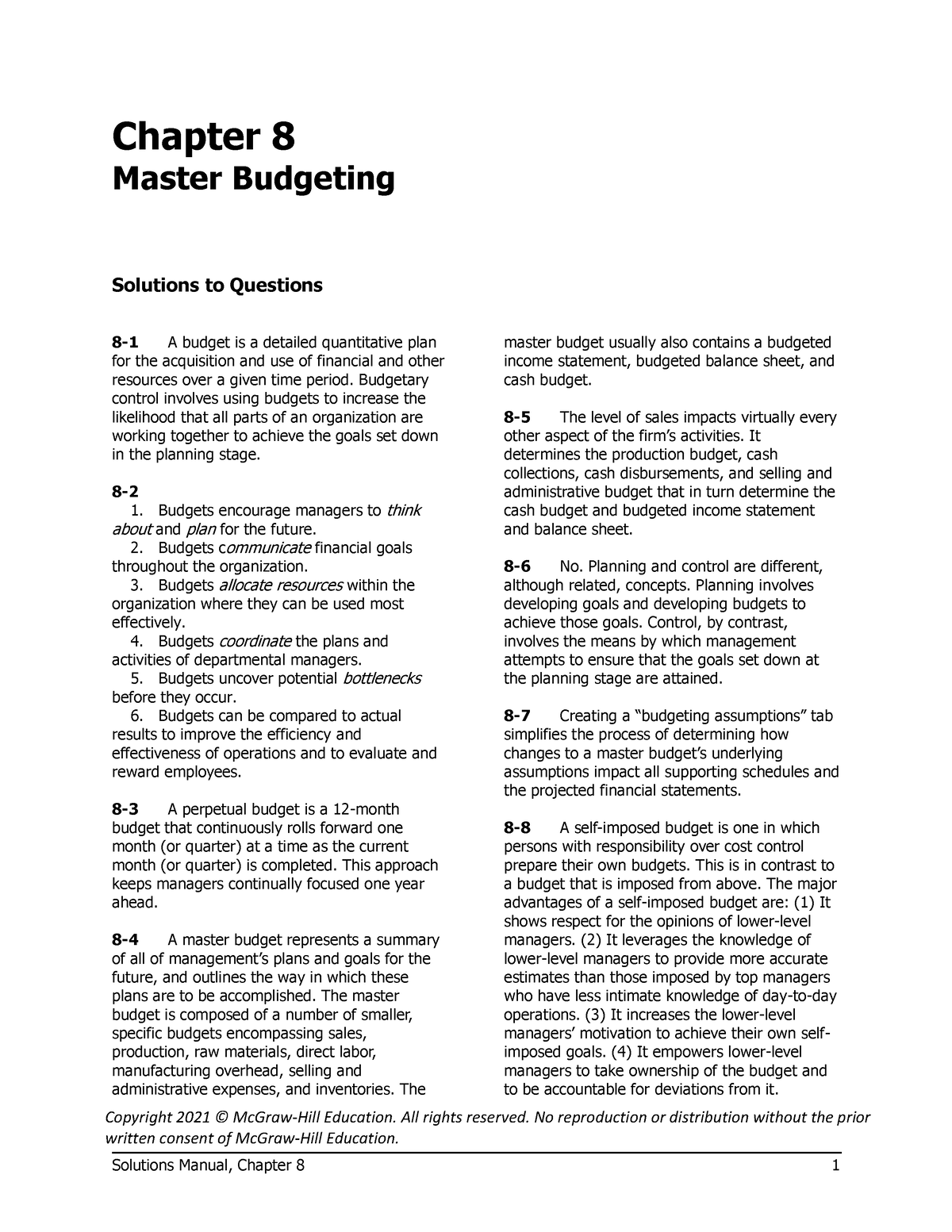 Ch 8 Master Budgeting - Copyright 2021 © McGraw-Hill Education. All ...