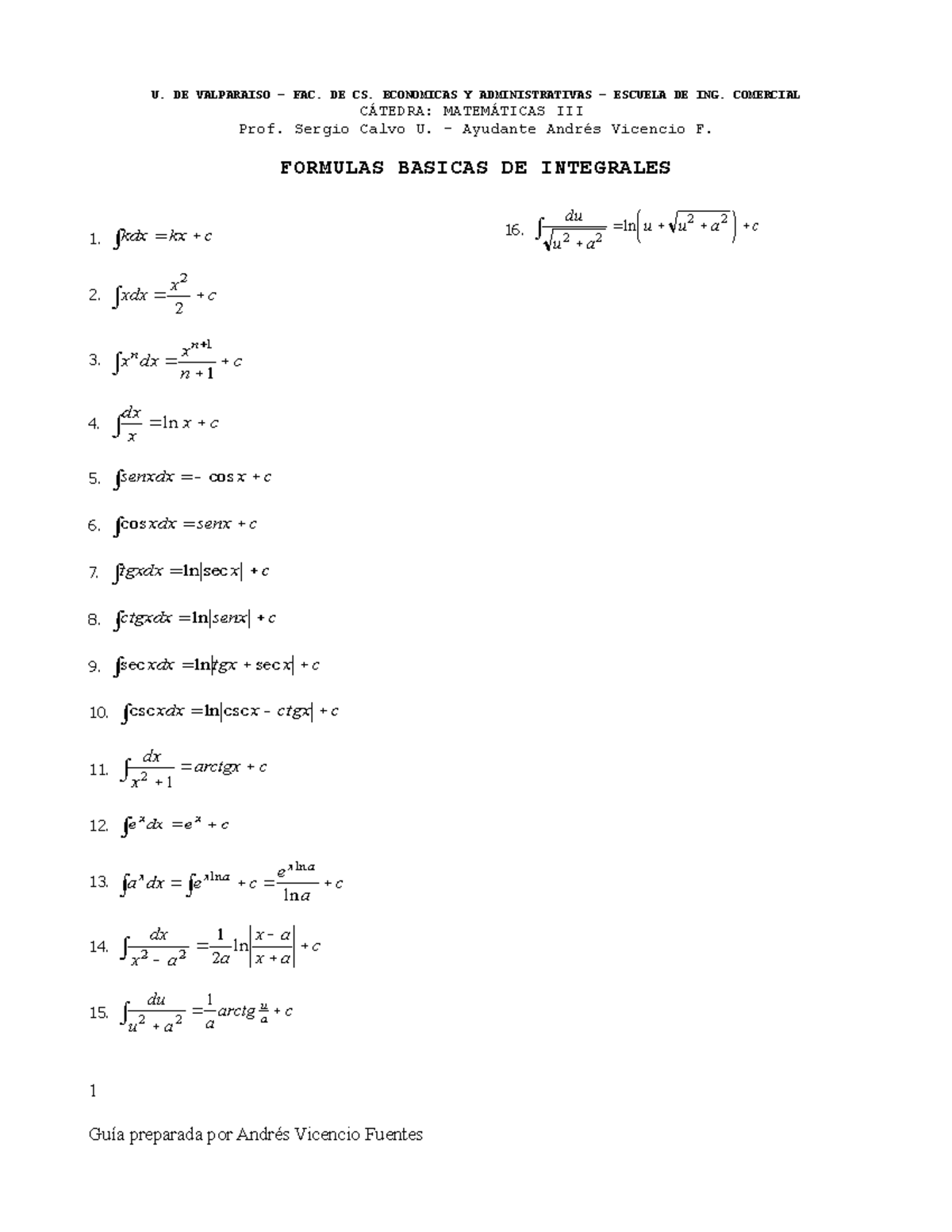 Guia de integrales - U. DE VALPARAISO – FAC. DE CS. ECONOMICAS Y ...