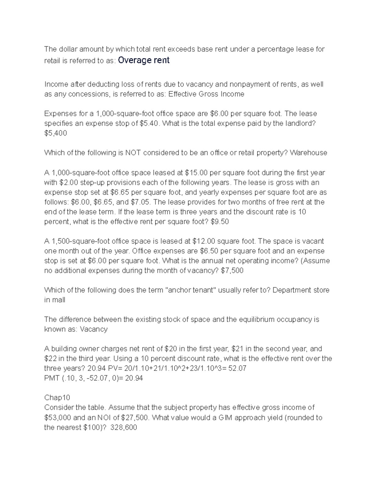 Chapter 9 Questions The dollar amount by which total rent exceeds