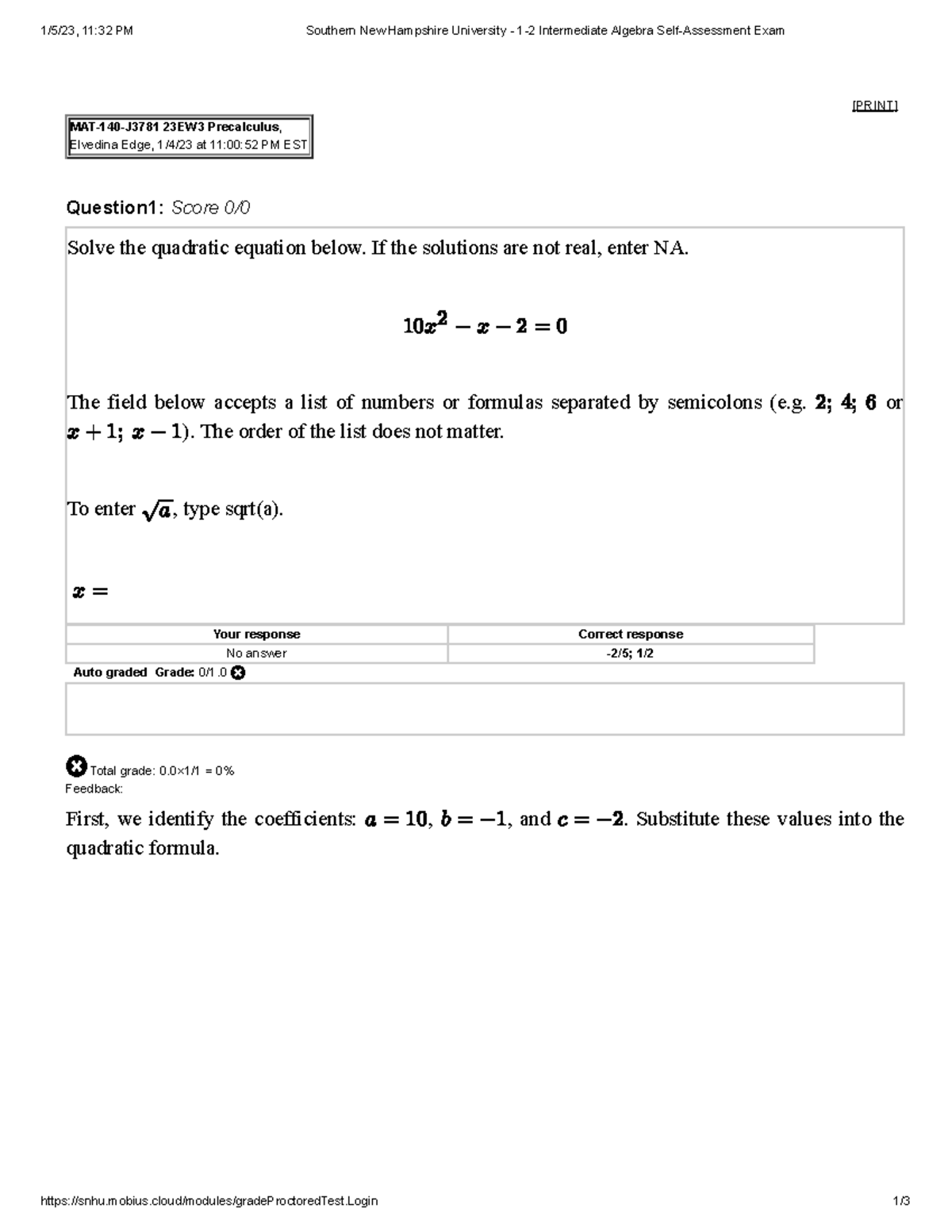 Southern New Hampshire University 12 Intermediate Algebra Self