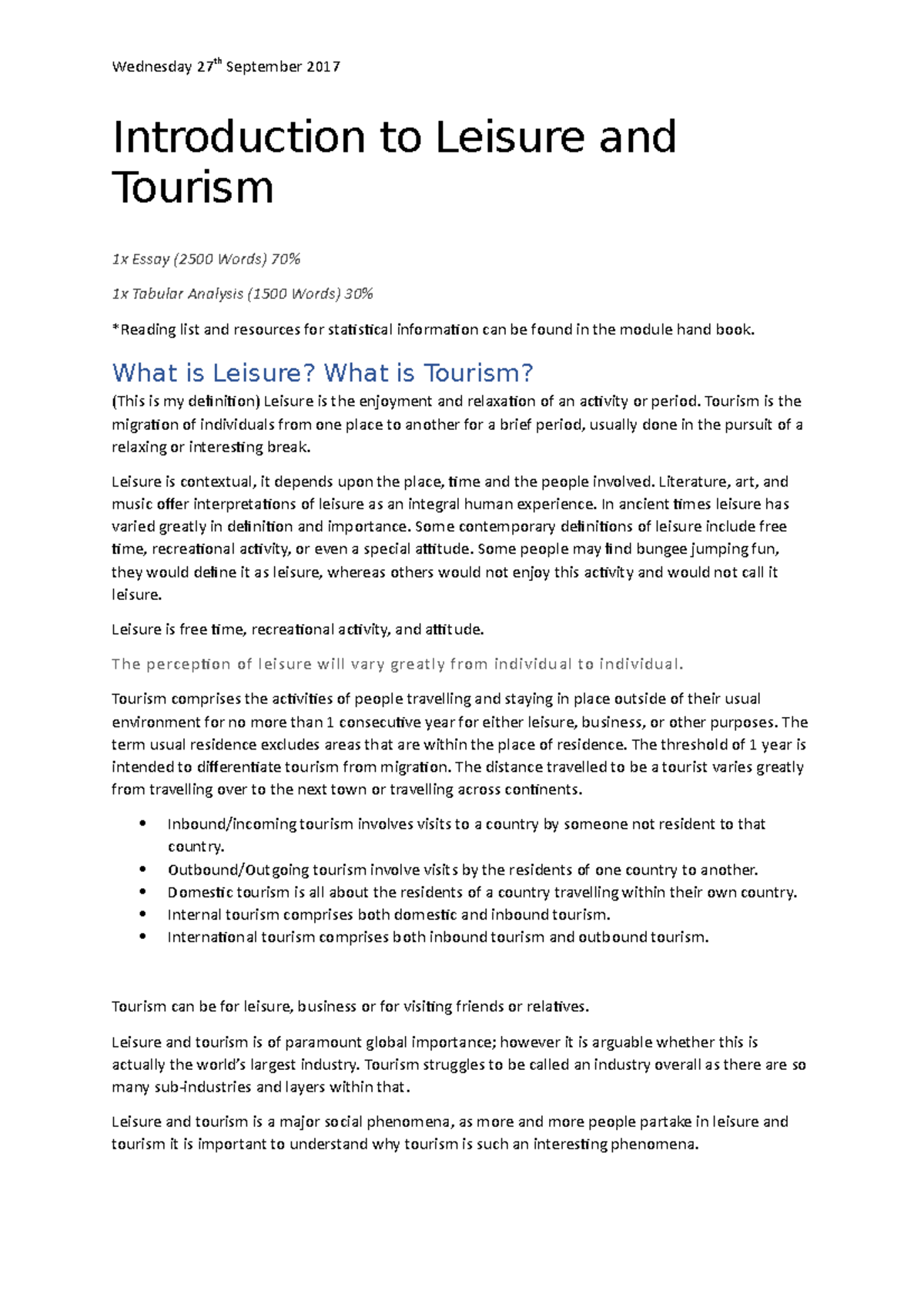 Introduction to Leisure and Tourism Wednesday 27th September 2017