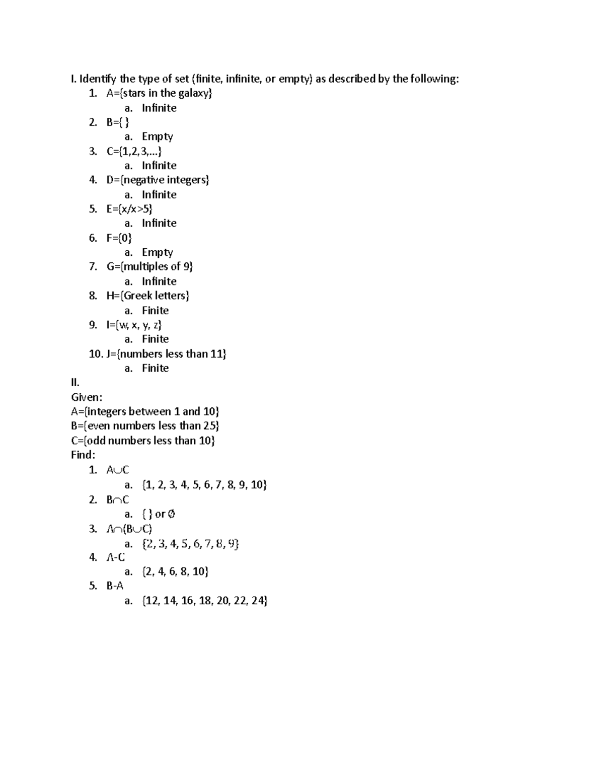 MMW Sets - MATH01G - I. Iden'fy the type of set (finite, infinite, or ...