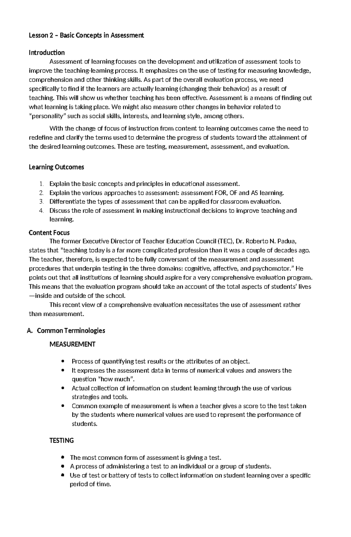 Lesson-2 - Lesson 2 – Basic Concepts in Assessment Introduction ...