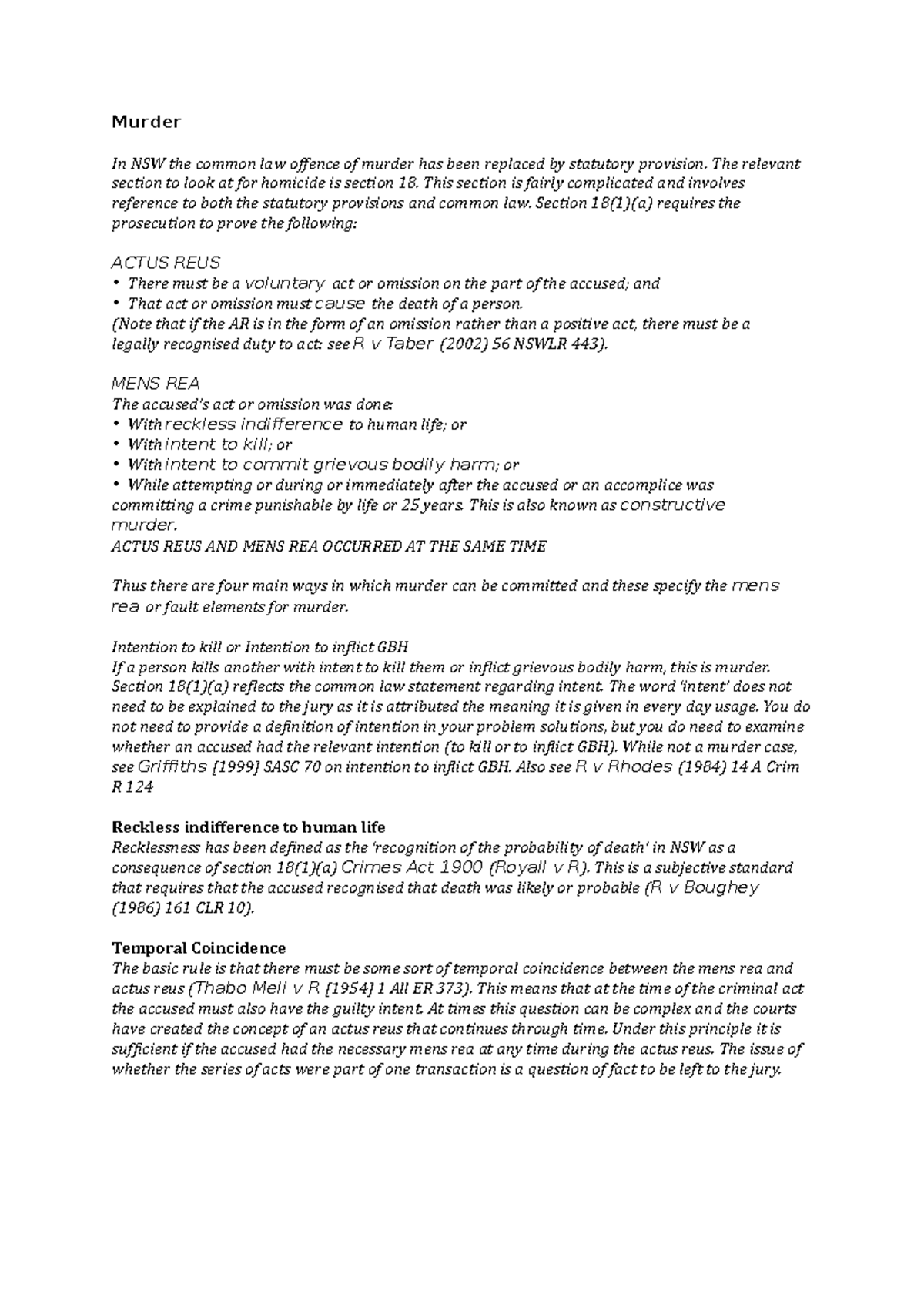 Murder summary notes - Murder In NSW the common law offence of murder ...