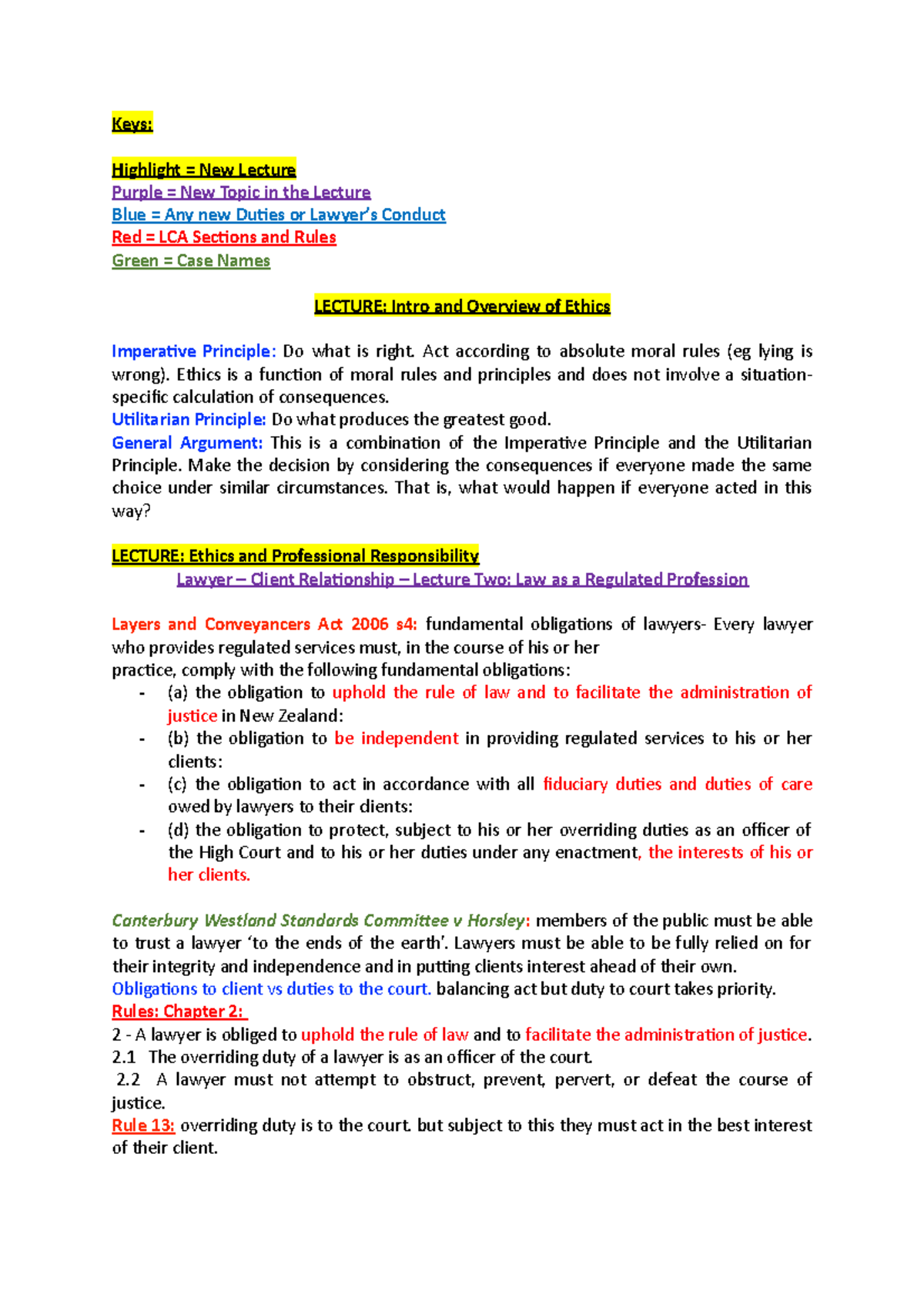 Legal Ethics Full Lecture Notes Keys Highlight = New Lecture Purple