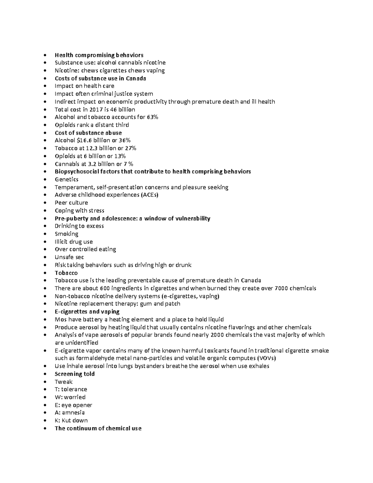 Substance Abuse lecture and textbook notes - Health compromising ...