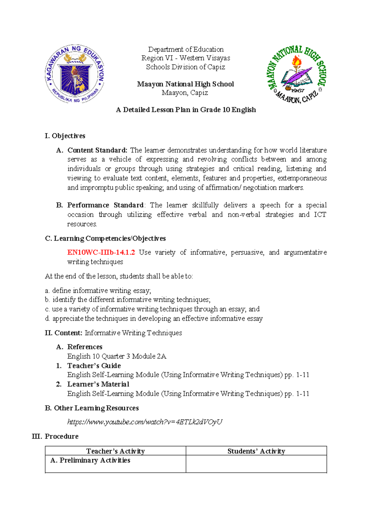 Informative Writing Techniques Lesson Plan Department Of Education Region Vi Western Visayas 1440