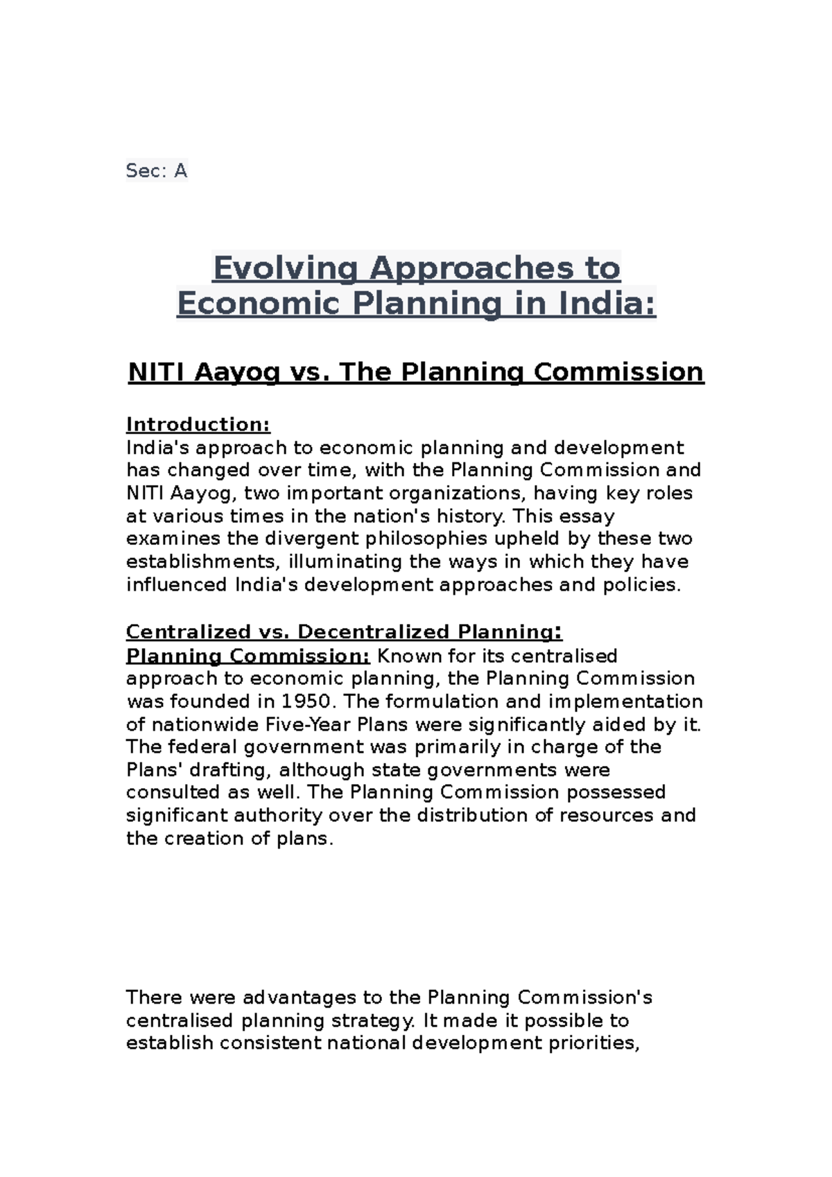 Evolving Approaches to Economic Planning in India Sec A Evolving