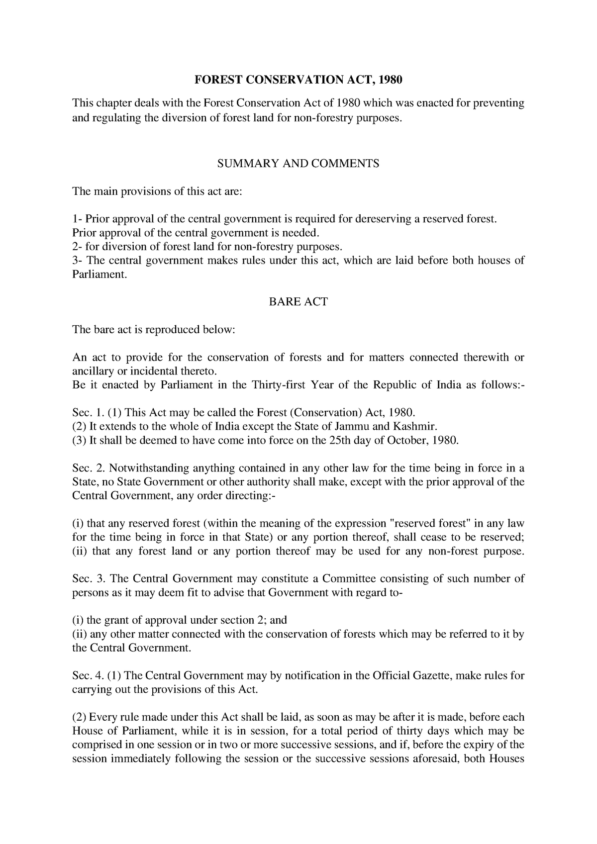 Forest Conservation ACT, 1980 - FOREST CONSERVATION ACT, 1980 This ...