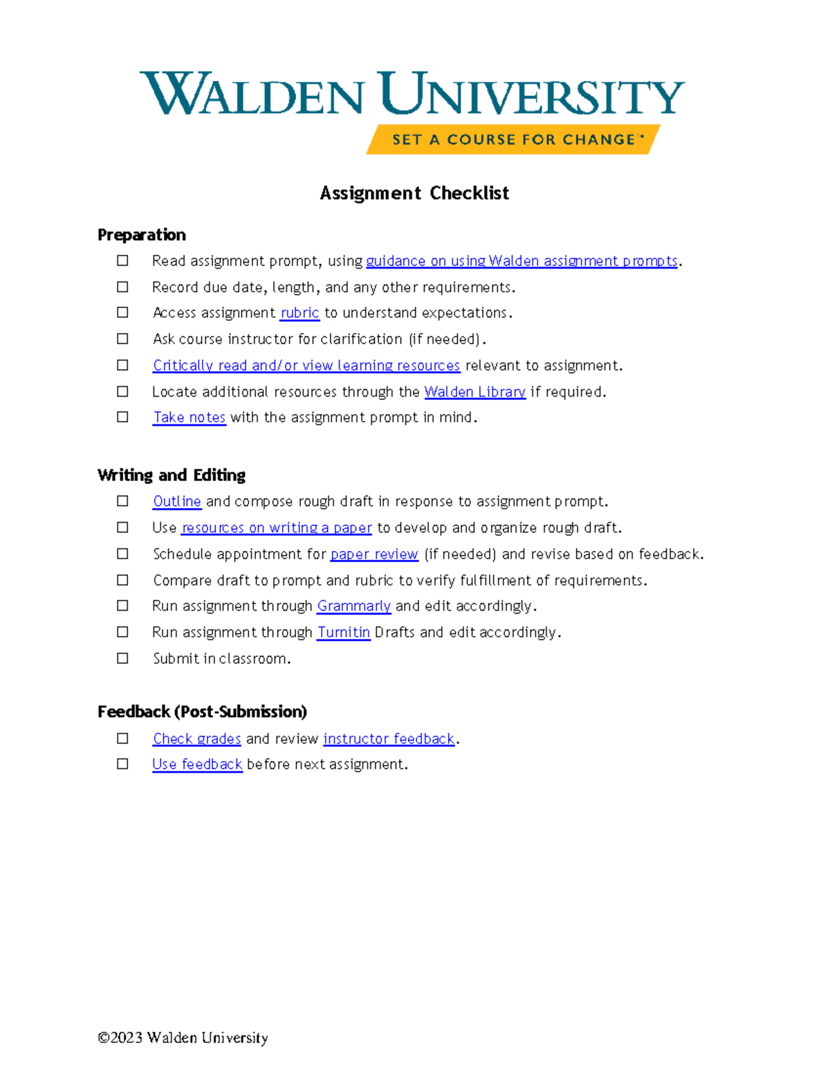 Assignment Checklist - Assignment Checklist Preparation ☐ Read ...