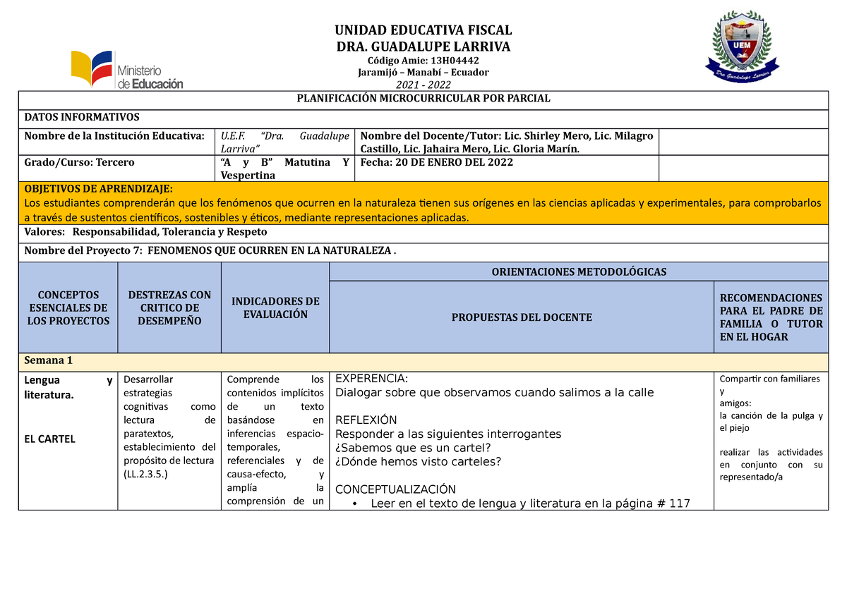 Micro Planificacion-GUIA DE Proyecto 7 - DRA. GUADALUPE LARRIVA Código ...