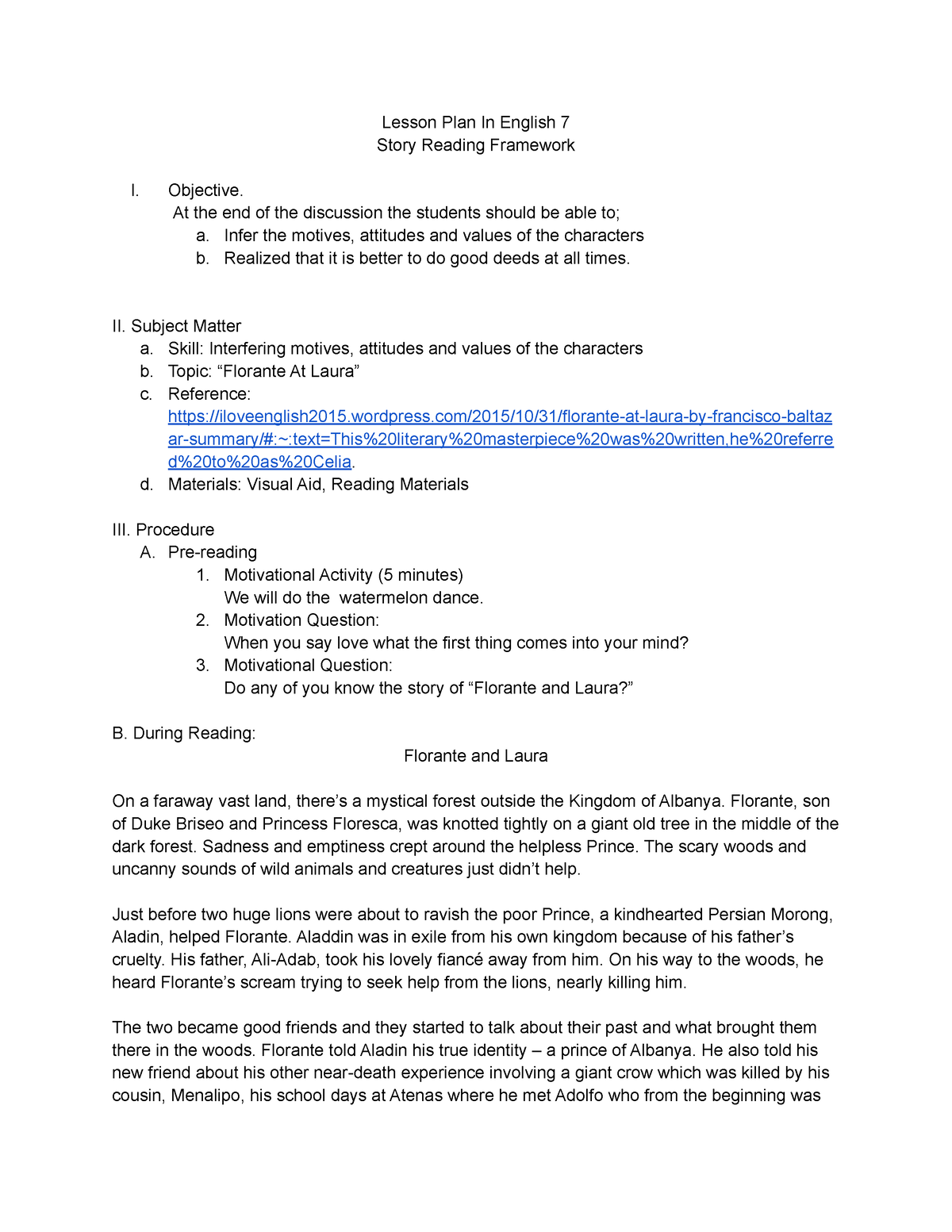 SRF Lesson Plan Sample - Lesson Plan In English 7 Story Reading ...