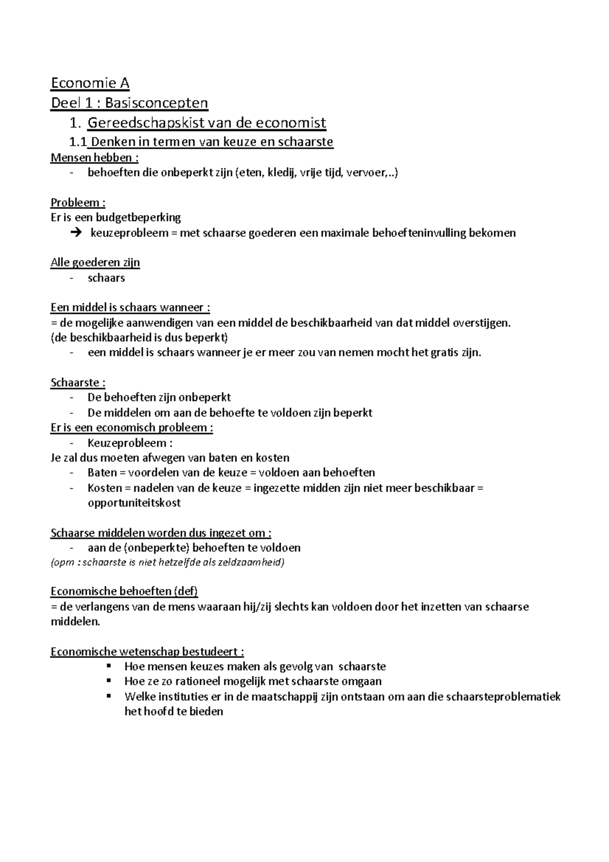 Economiea  Economie A Deel 1  Basisconcepten 1. Gereedschapskist van