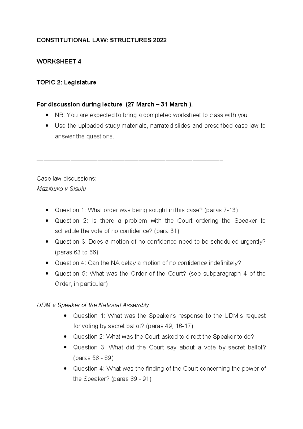 Woksheet+4%3B+ Topic+2+%282023%29 - CONSTITUTIONAL LAW: STRUCTURES 2022 ...