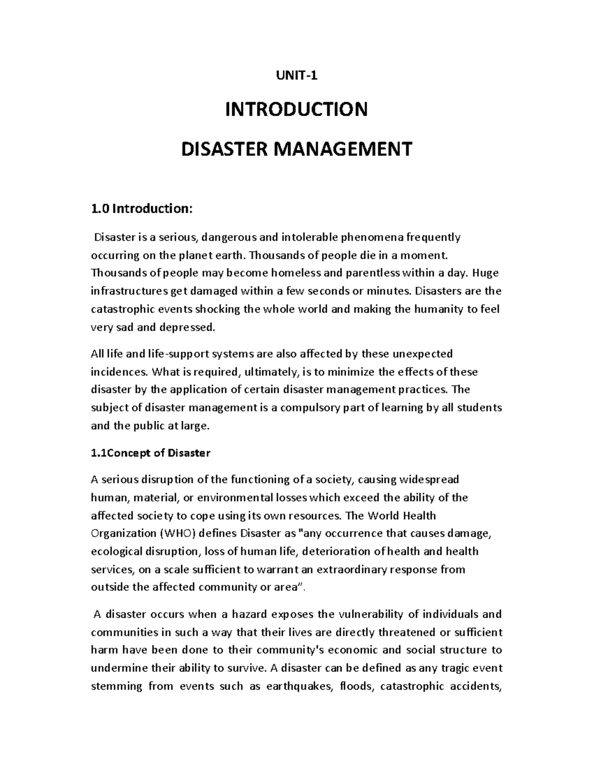 DPPM UNIT 1 - Study Material - UNIT- INTRODUCTION DISASTER MANAGEMENT 1 ...