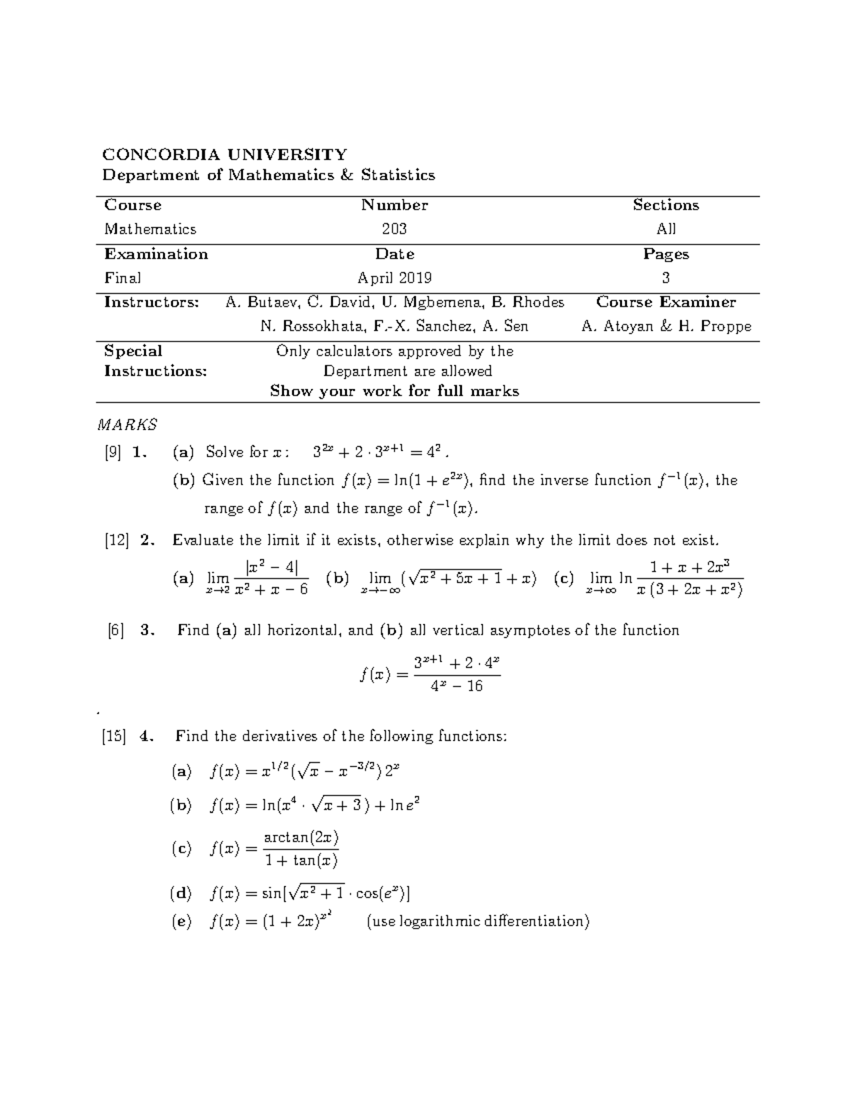 2019 Winter Final - CONCORDIA UNIVERSITY Department Of Mathematics ...