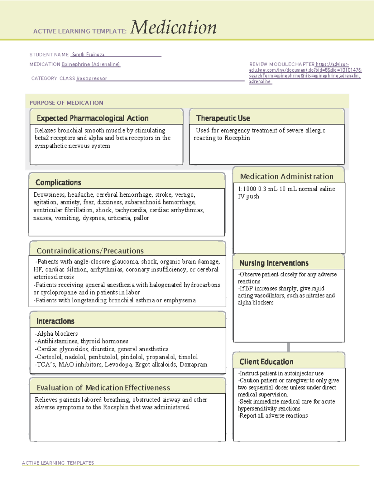 Epinephrine MedForm ACTIVE LEARNING TEMPLATE Medication STUDENT