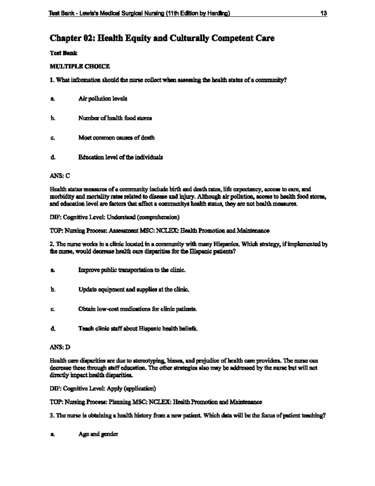 Lewis Medical Surgical Nursing 11th - Test Bank Chapter 2 - NRS200 ...