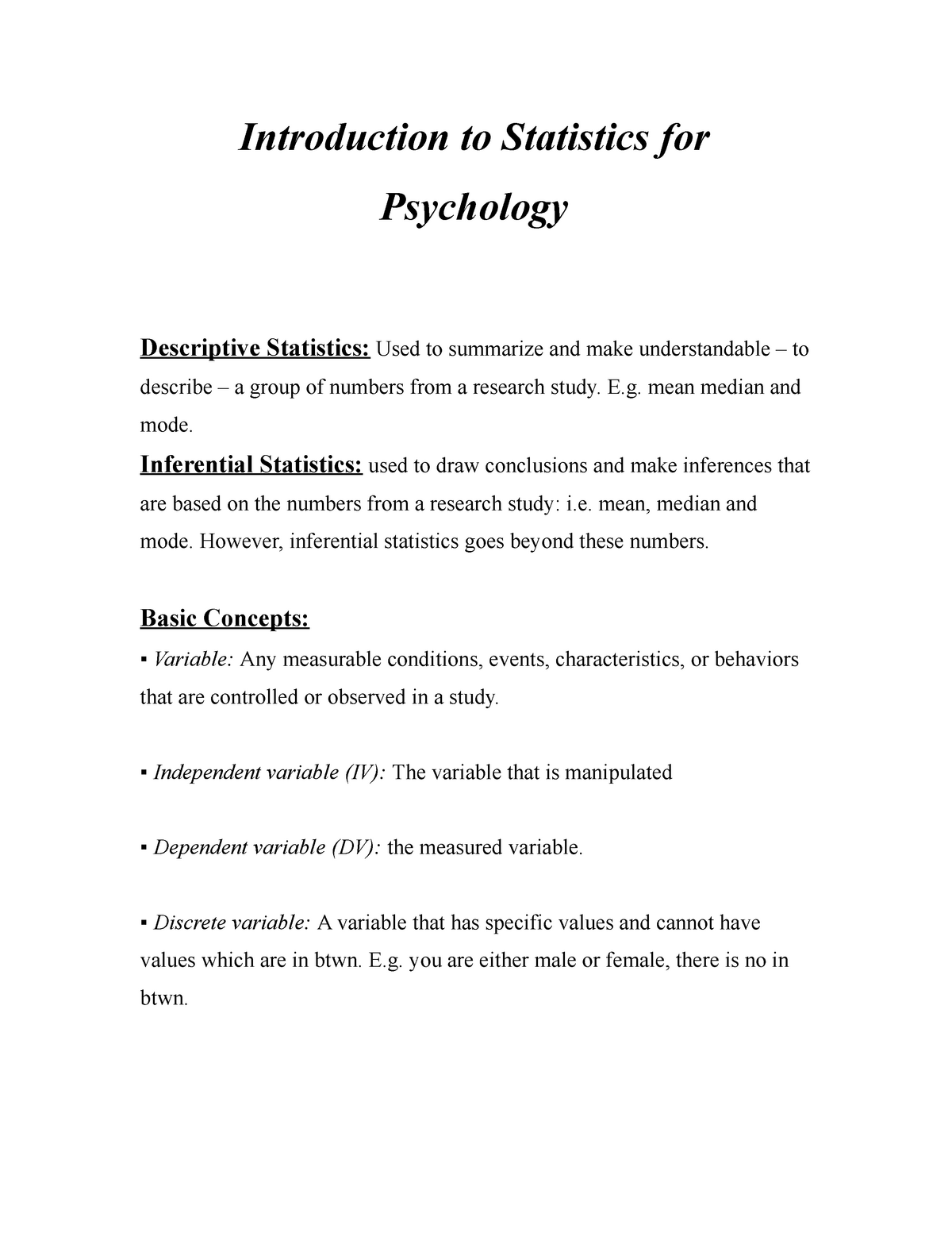 Summary Introduction to Statistics for Psychology Introduction to