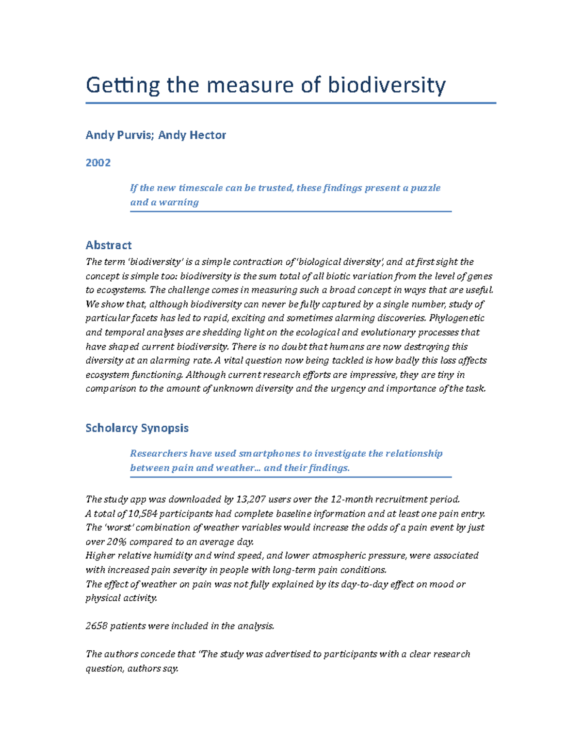 Purvis and Hector 2000 Gettin the measure of biodiversity Getting the