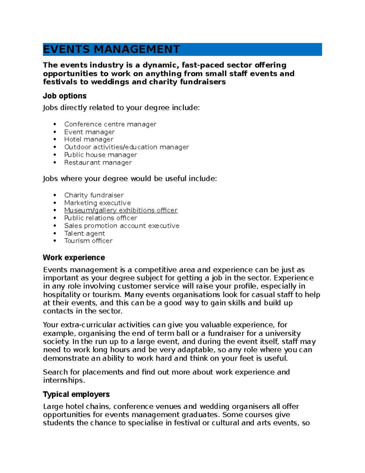 Events Management Housekeeping Front DESK - EVENTS MANAGEMENT The events  industry is a dynamic, - Studocu
