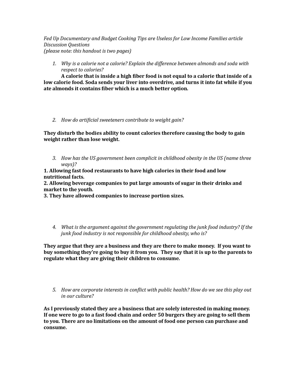 Fed Up and Budget Cooking Article Discussion Questions - HSC 21 Regarding Fed Up Worksheet Answer Key