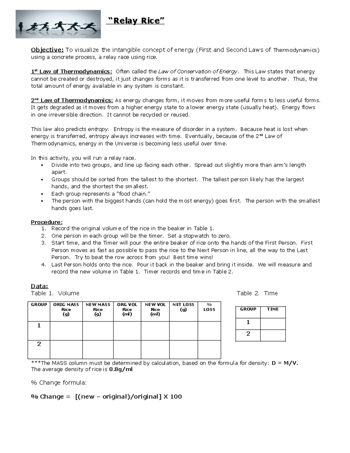 Relay rice - thermodynamics model - “Relay Rice” Objective: To ...