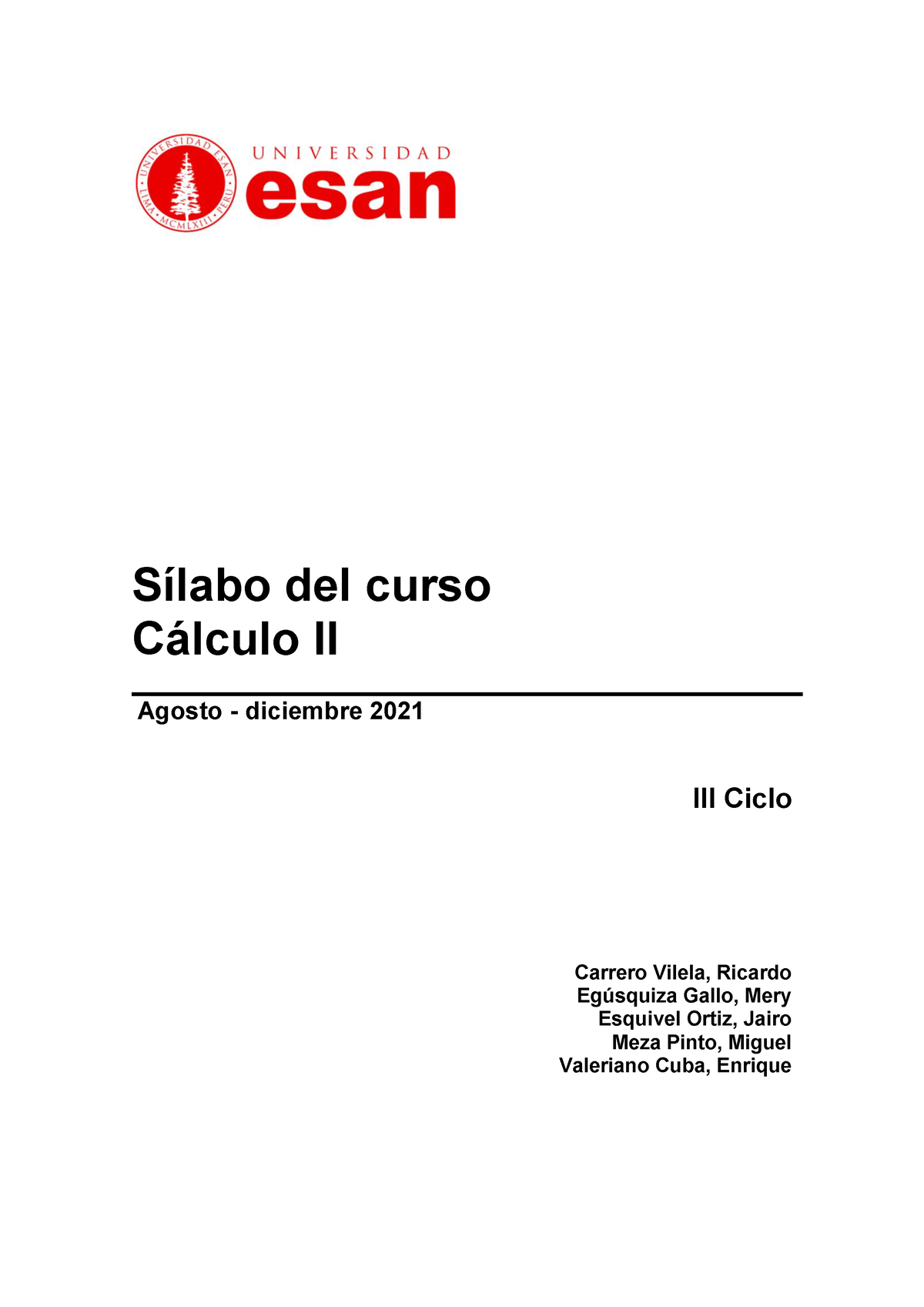 Cálculo II ESAN - Sílabo 2021 2 (Virtual) - Sílabo Del Curso Cálculo II ...