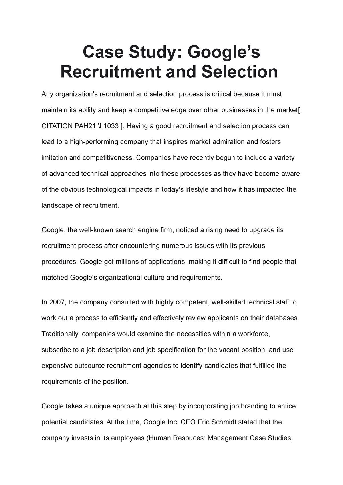 case study recruitment and selection at google