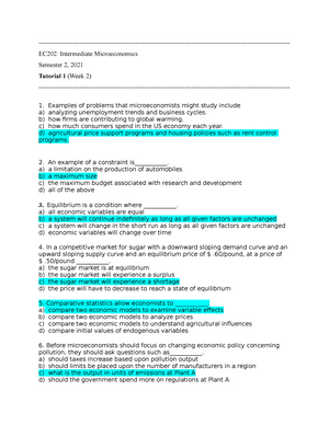 EC202 Tutorial 1 - EC202: Intermediate Microeconomics Semester 1, 2020 ...