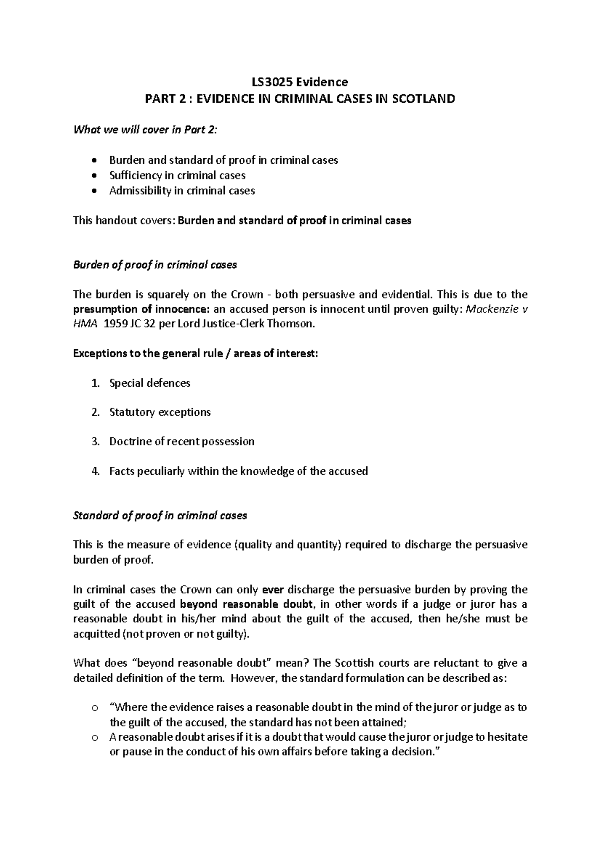 Part 2 Handout - Burden and Standard of Proof in criminal cases ...