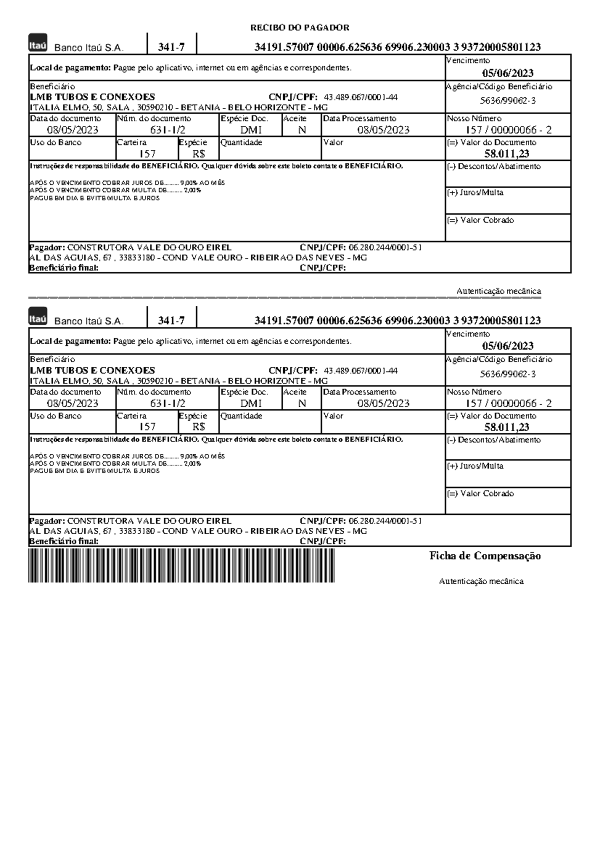 LMB Tubos E Conexoes LTDA NF 000631 Boleto - Ficha de Compensação ...