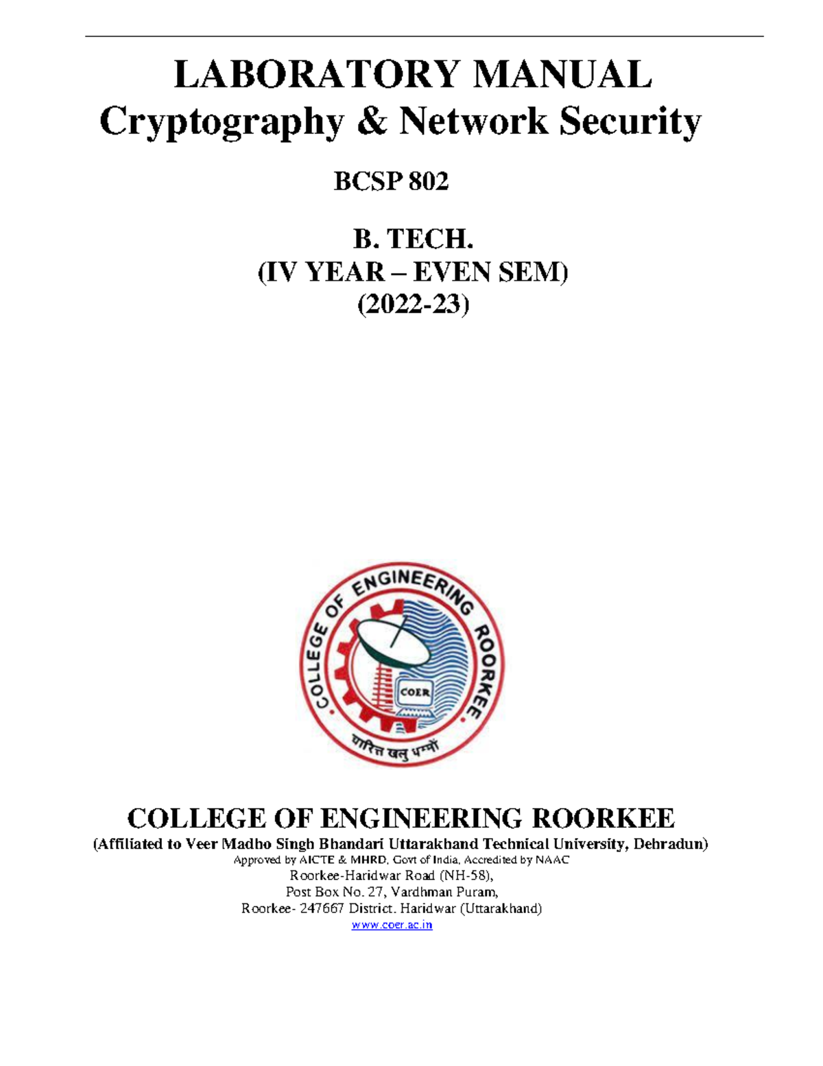Cryptography LABORATORY MANUAL Cryptography & Network Security BCSP