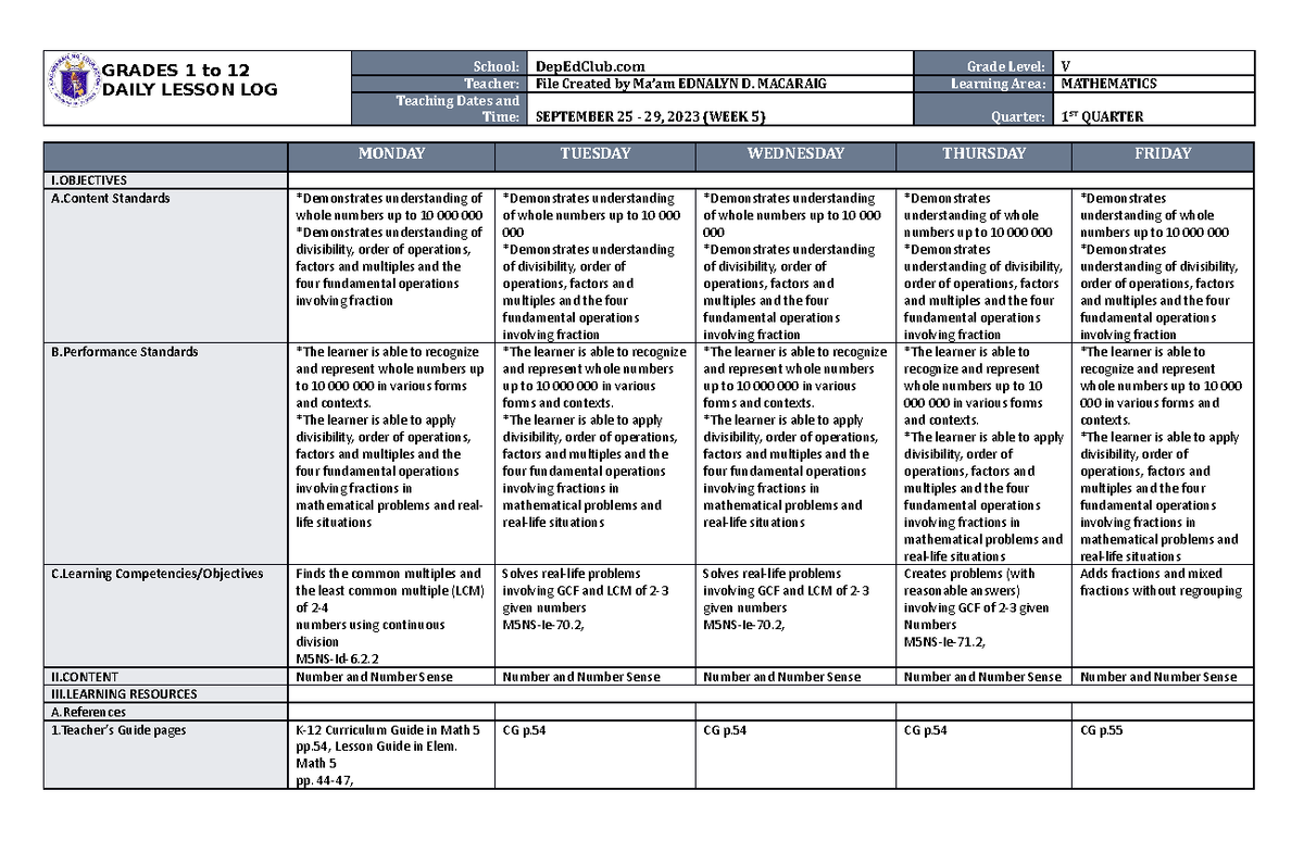 DLL Mathematics 5 Q1 W5 - GFAFAF - GRADES 1 to 12 DAILY LESSON LOG ...