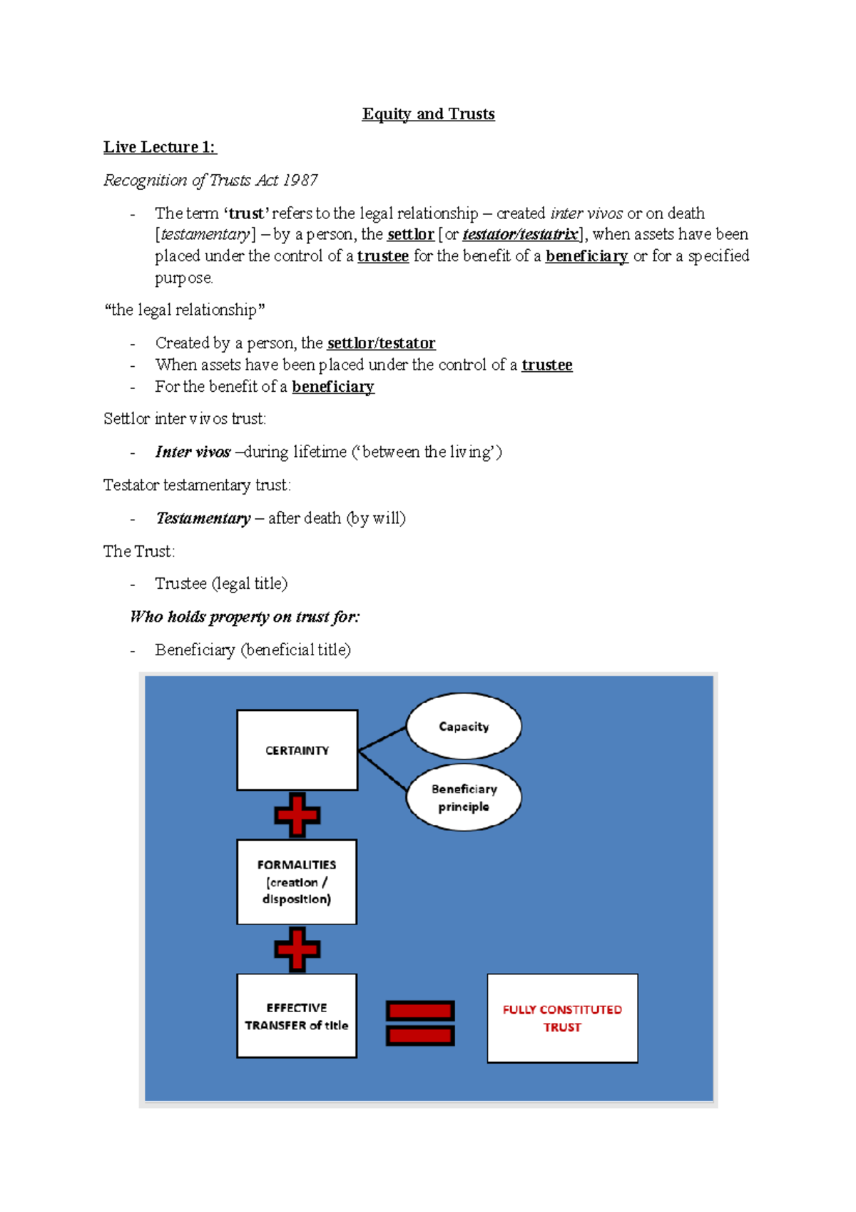 Equity and Trusts Notes - Equity and Trusts Live Lecture 1: Recognition ...