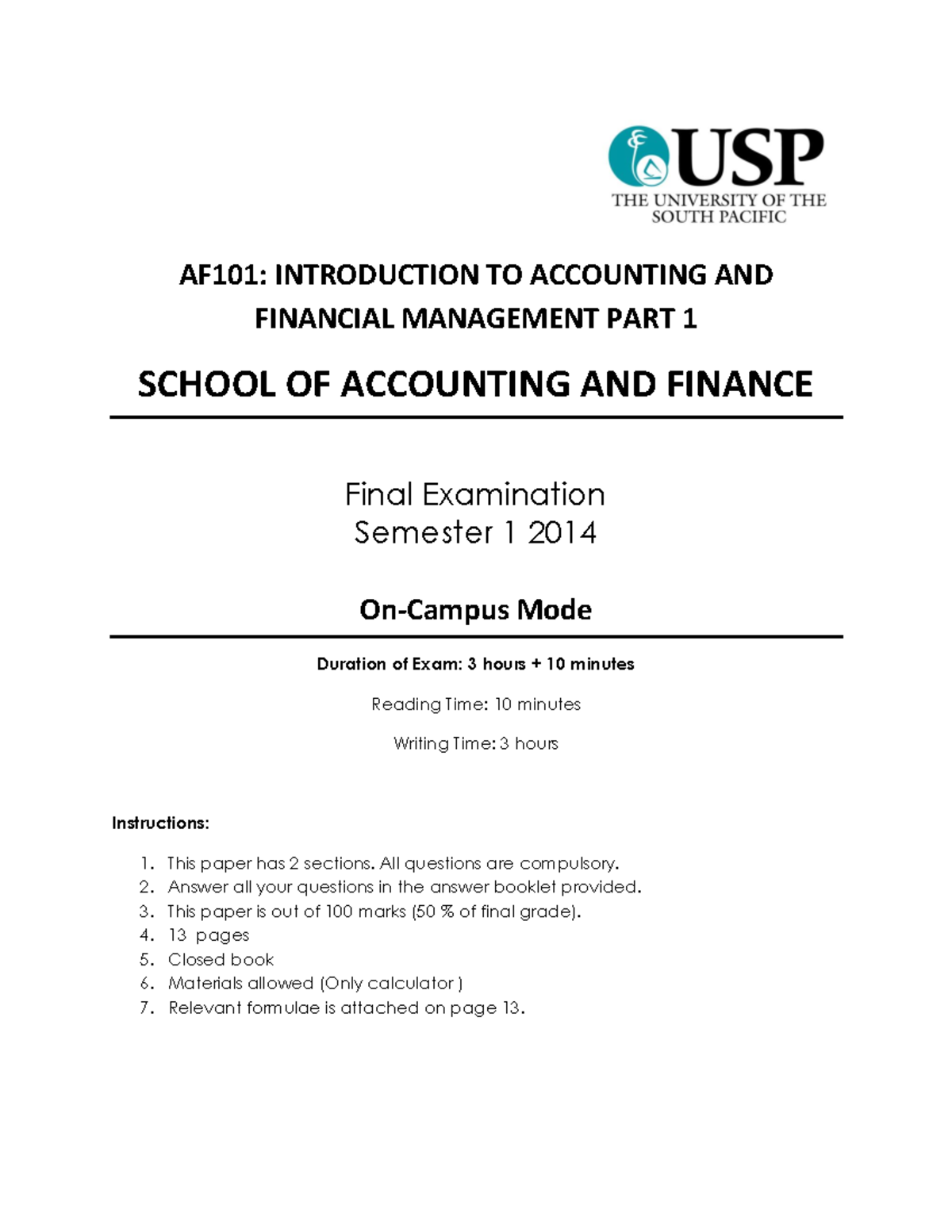 Semester 1 2014 Final Exam - AF101: INTRODUCTION TO ACCOUNTING AND ...