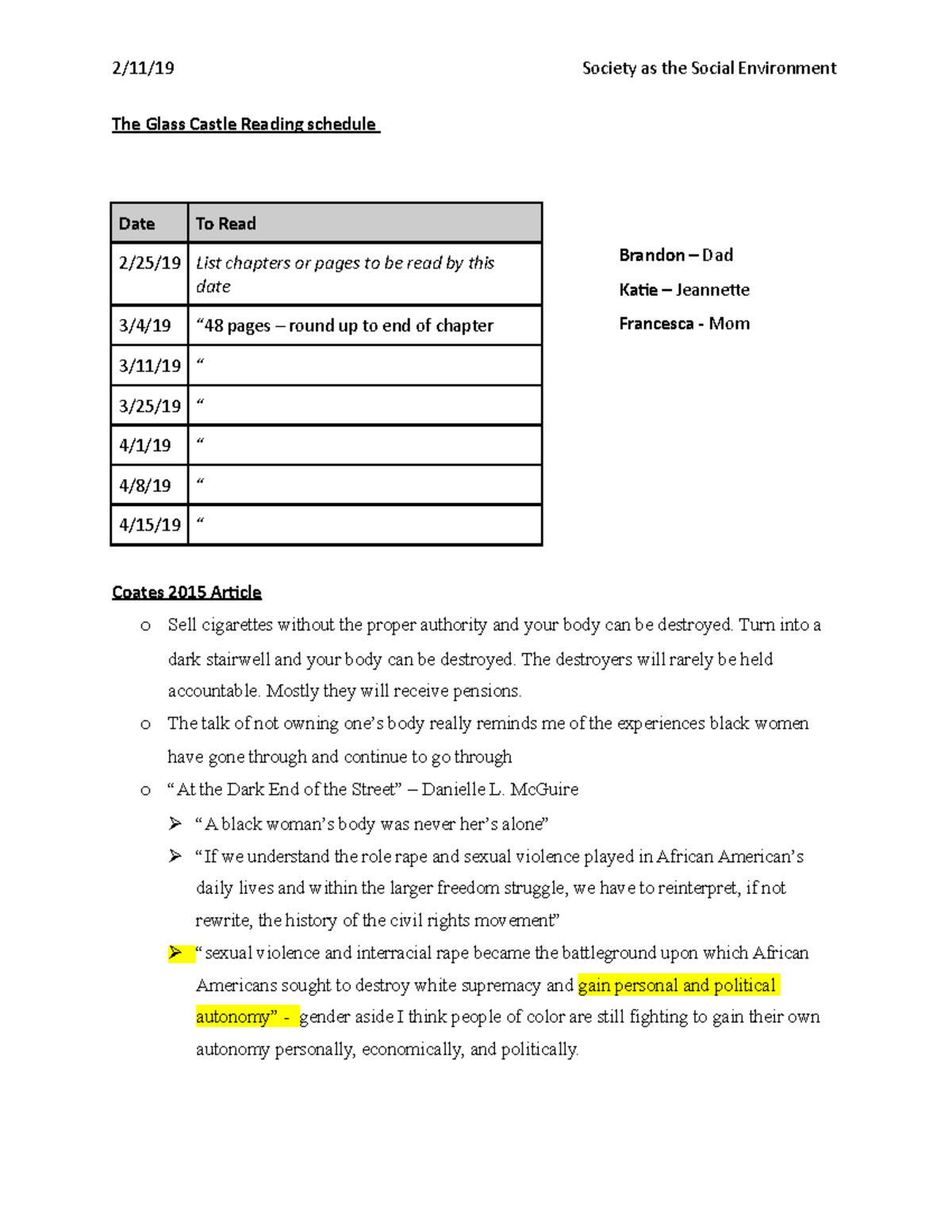 Society as the social environment The Glass Castle Reading schedule